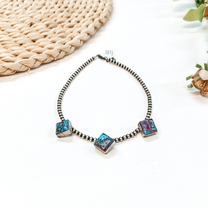 Elouise Kee | Navajo Handmade 4mm 14 inch Navajo Pearl Necklace with 3 Diamond Remix Mojave Turquoise Stones - Giddy Up Glamour Boutique