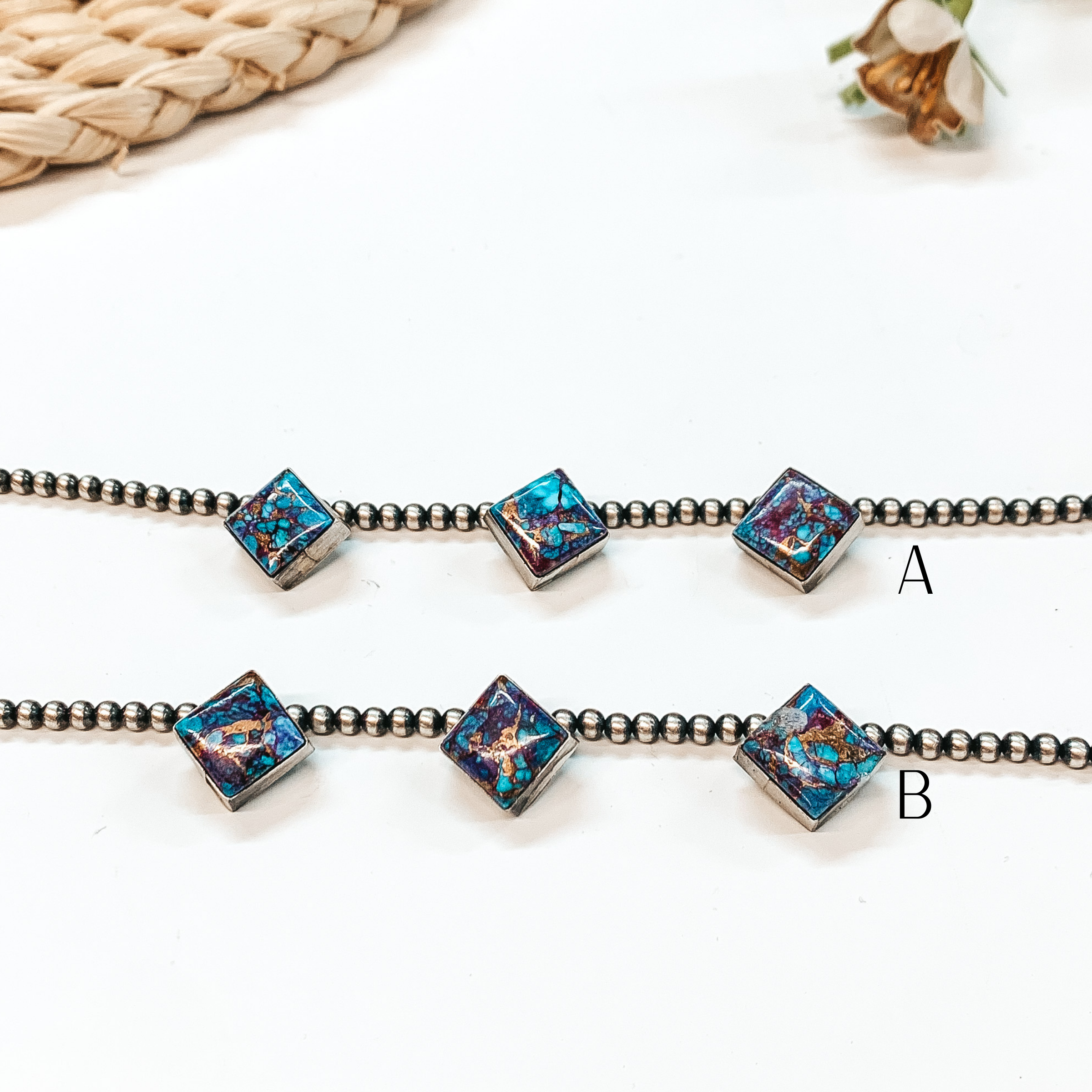 Elouise Kee | Navajo Handmade 4mm 14 inch Navajo Pearl Necklace with 3 Diamond Remix Mojave Turquoise Stones - Giddy Up Glamour Boutique