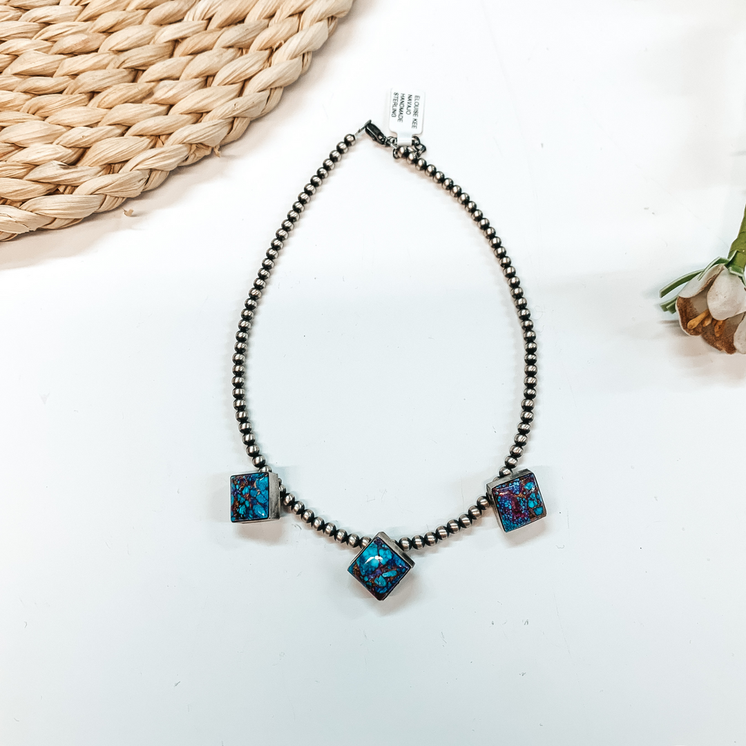 Elouise Kee | Navajo Handmade 4mm 14 inch Navajo Pearl Necklace with 3 Diamond Remix Mojave Turquoise Stones - Giddy Up Glamour Boutique