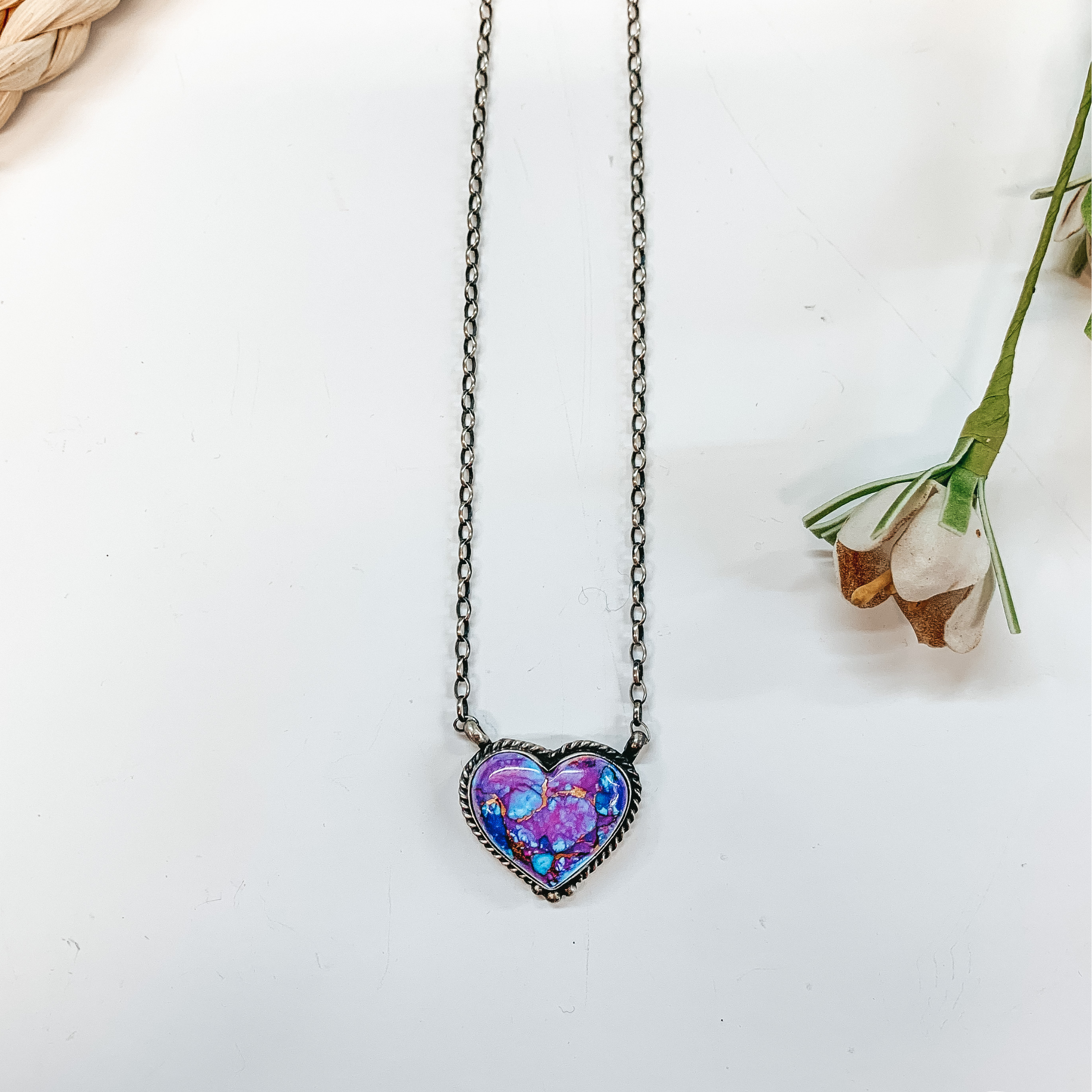 Vernon Kee | Navajo Handmade Adjustable Sterling Silver Chain Necklace with Remix Mojave Turquoise Stone and Rope Detailing Heart - Giddy Up Glamour Boutique