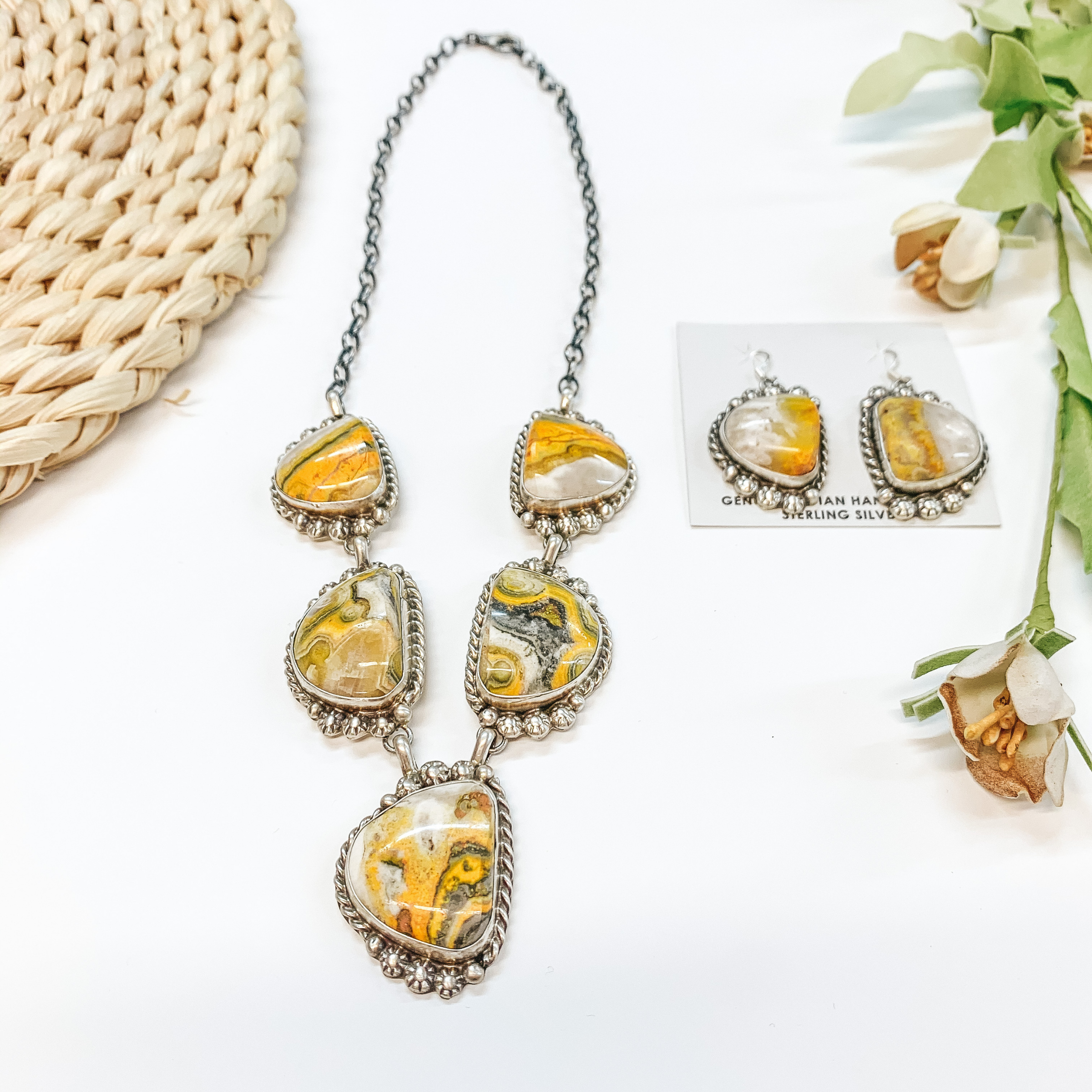 Betta Lee | Navajo Handmade Sterling Silver & Bumble Bee Jasper Necklace + Matching Earrings - Giddy Up Glamour Boutique