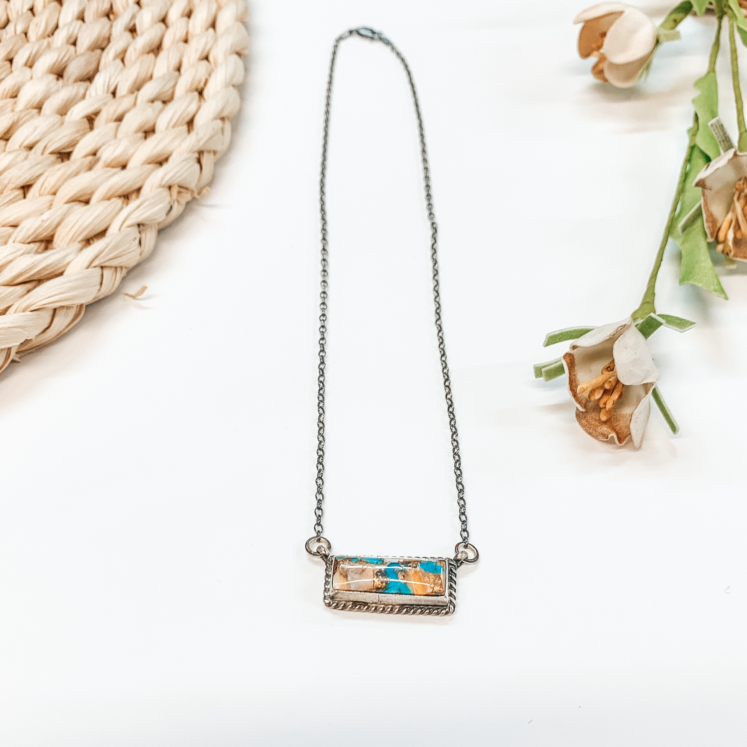 Various Artists | Navajo Handmade Sterling Silver Chain Necklace with Remix Spiny Turquoise Stone and Rope Detailing Bar - Giddy Up Glamour Boutique