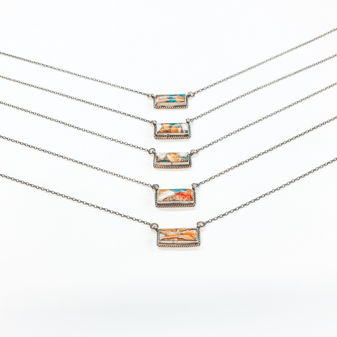 Various Artists | Navajo Handmade Sterling Silver Chain Necklace with Remix Spiny Turquoise Stone and Rope Detailing Bar - Giddy Up Glamour Boutique