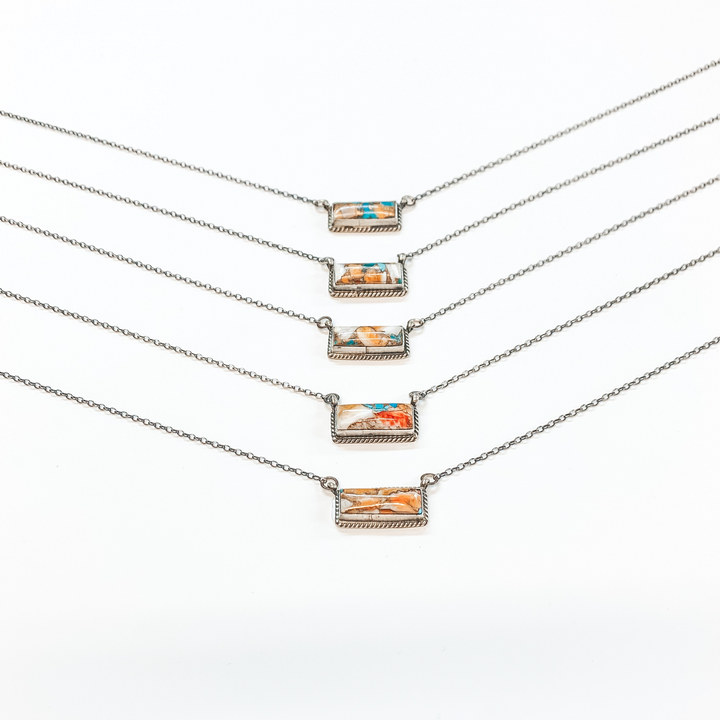 Various Artists | Navajo Handmade Sterling Silver Chain Necklace with Remix Spiny Turquoise Stone and Rope Detailing Bar - Giddy Up Glamour Boutique