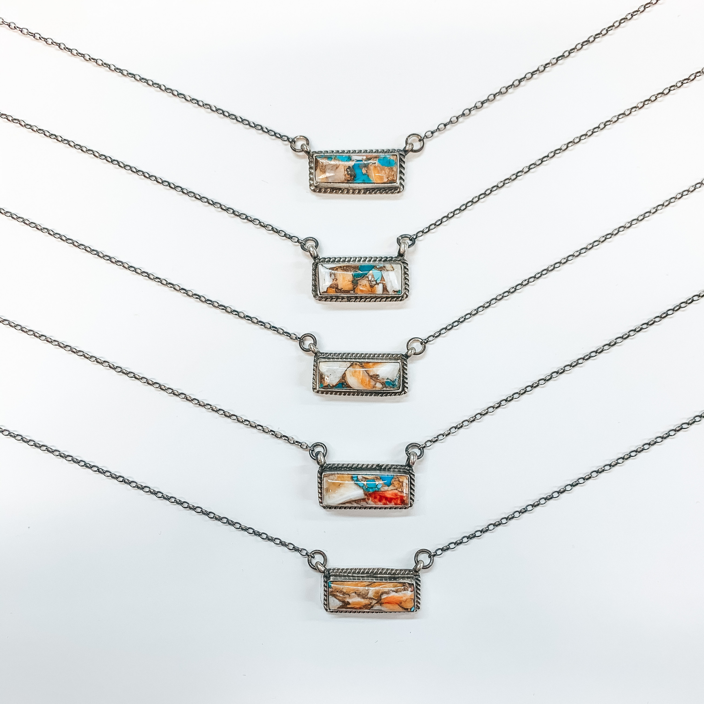 Various Artists | Navajo Handmade Sterling Silver Chain Necklace with Remix Spiny Turquoise Stone and Rope Detailing Bar - Giddy Up Glamour Boutique