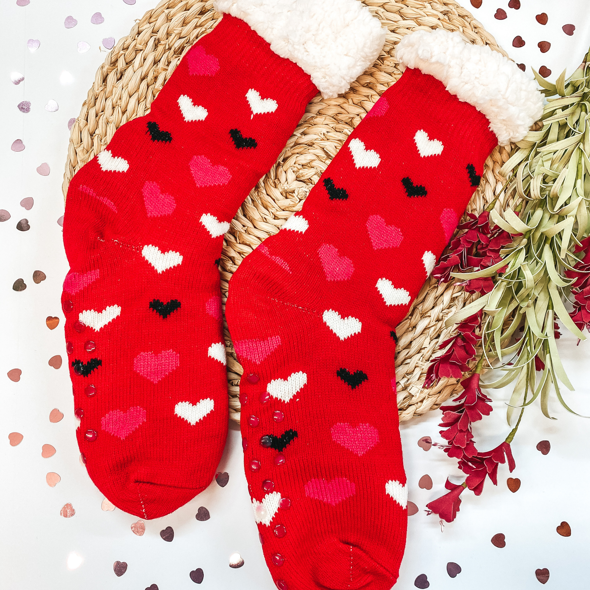 Valentine's Socks | Adult Love You Heart Sherpa Socks in Red - Giddy Up Glamour Boutique