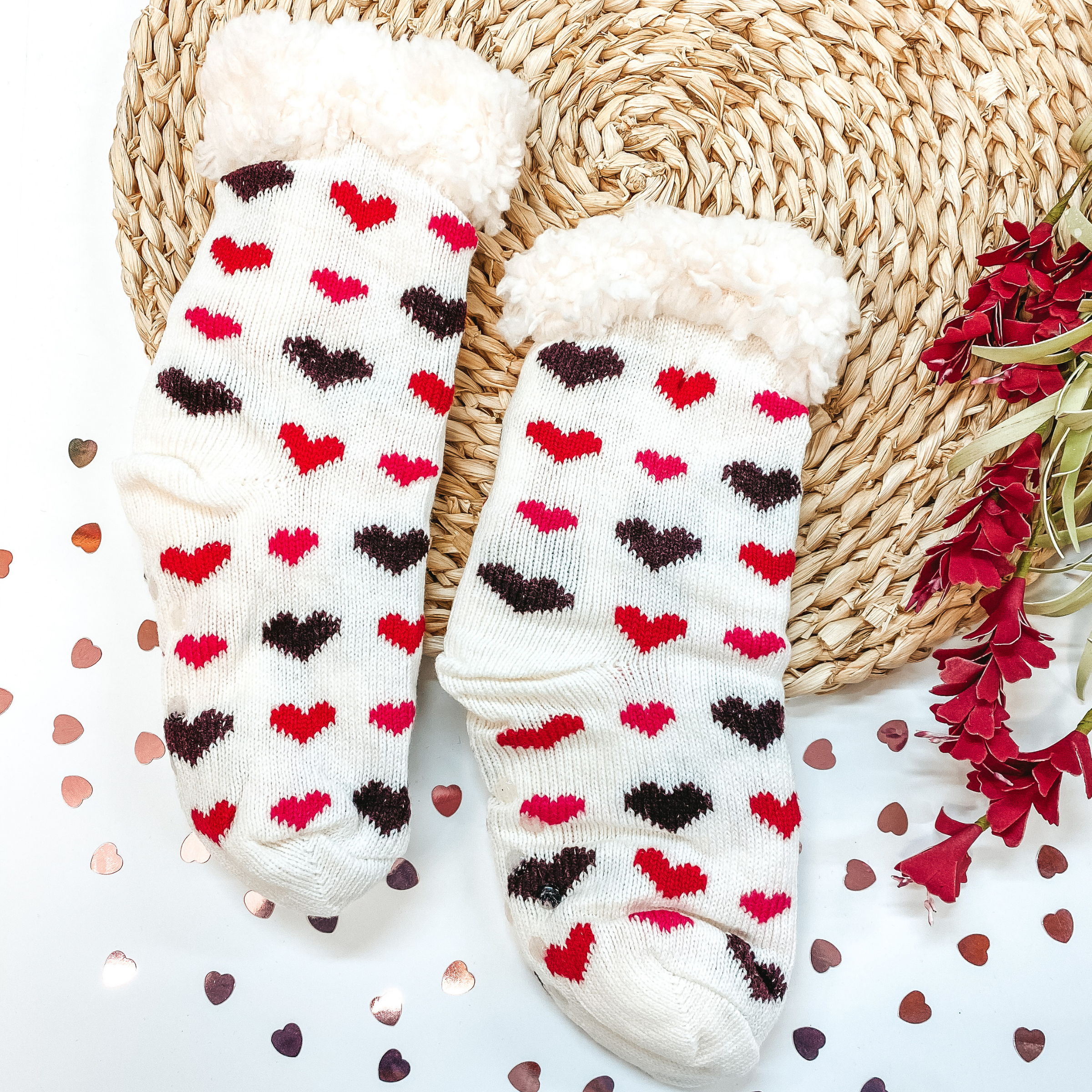 Valentine's Socks | Youth Love You Heart Sherpa Socks in White - Giddy Up Glamour Boutique