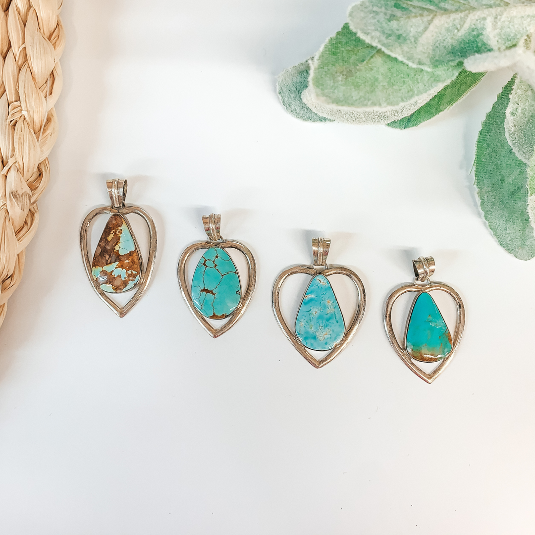 Dave Skeets | Navajo Handmade Sterling Silver Heart Pendant with Turquoise Stone - Giddy Up Glamour Boutique