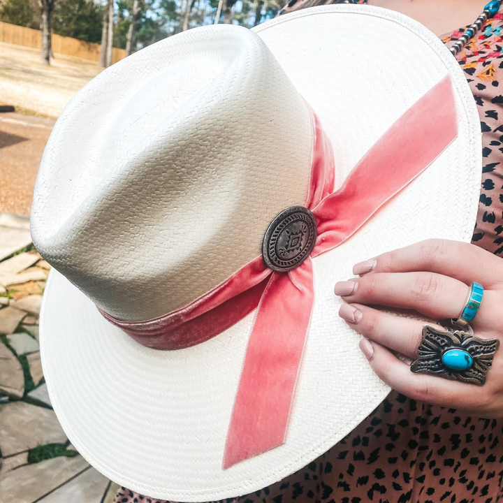 Charlie 1 Horse | Only Prettier Straw Hat with Pink Velvet Ribbon Band and Barbosa Oval Concho Pin - Giddy Up Glamour Boutique