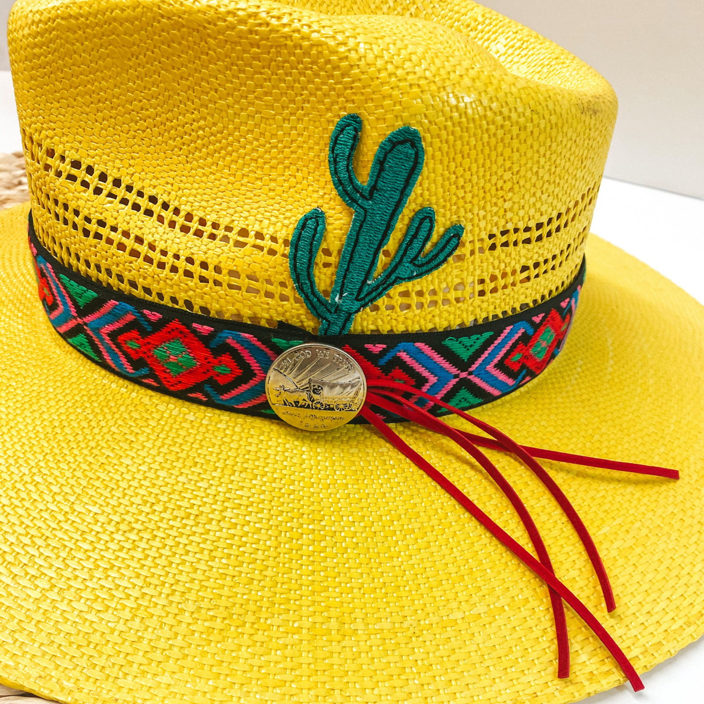 Charlie 1 Horse | Mariachi Stiff Brim Straw Hat with Colorful Design Band, Coin Pendant and Cactus Detailing - Giddy Up Glamour Boutique