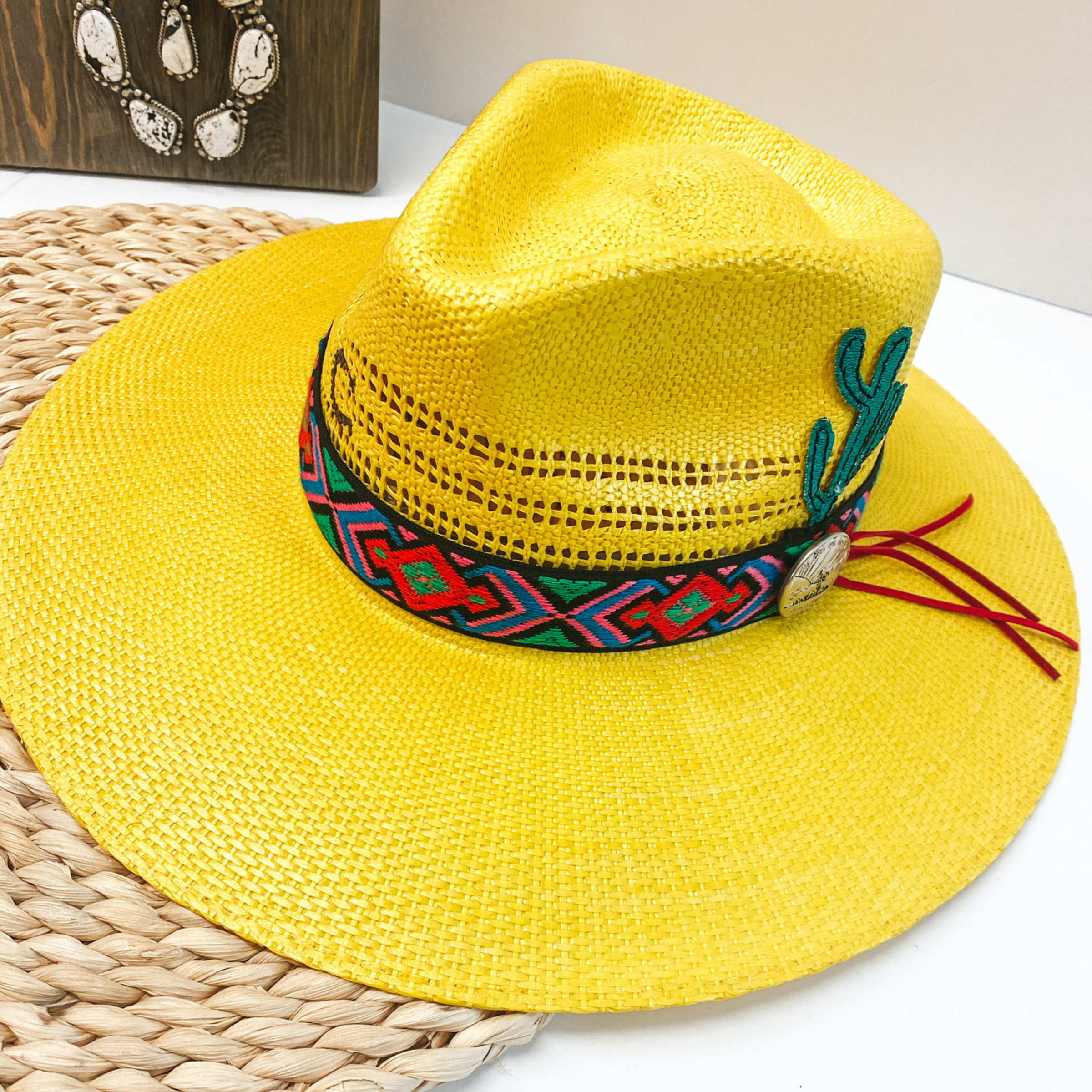 Charlie 1 Horse | Mariachi Stiff Brim Straw Hat with Colorful Design Band, Coin Pendant and Cactus Detailing - Giddy Up Glamour Boutique