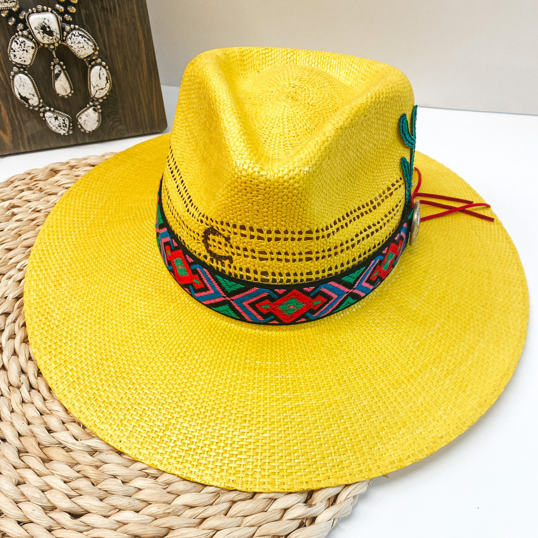 Charlie 1 Horse | Mariachi Stiff Brim Straw Hat with Colorful Design Band, Coin Pendant and Cactus Detailing - Giddy Up Glamour Boutique