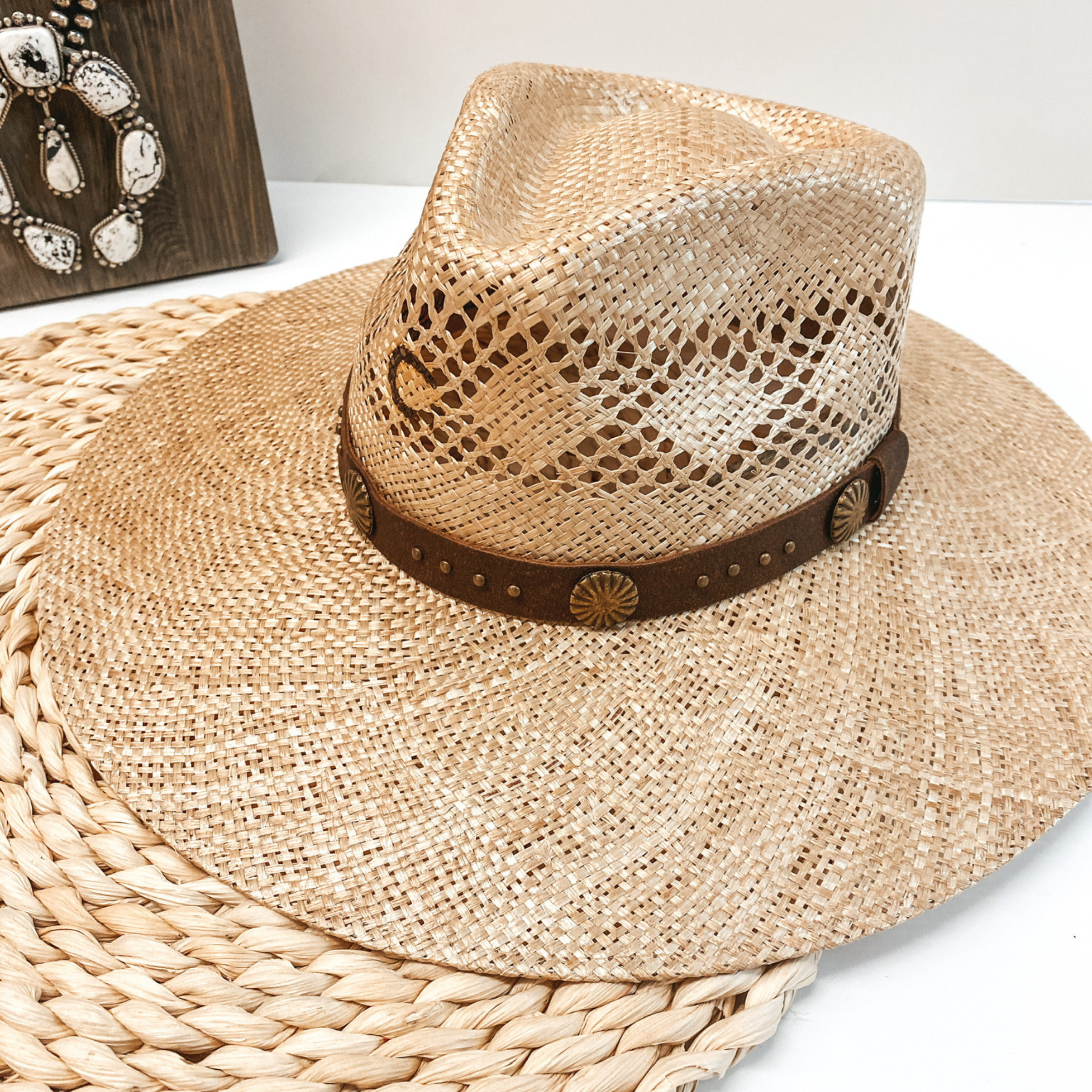 Charlie 1 Horse | Hair Trigger Straw Stiff Brim Hat with Brown Band and Conchos - Giddy Up Glamour Boutique