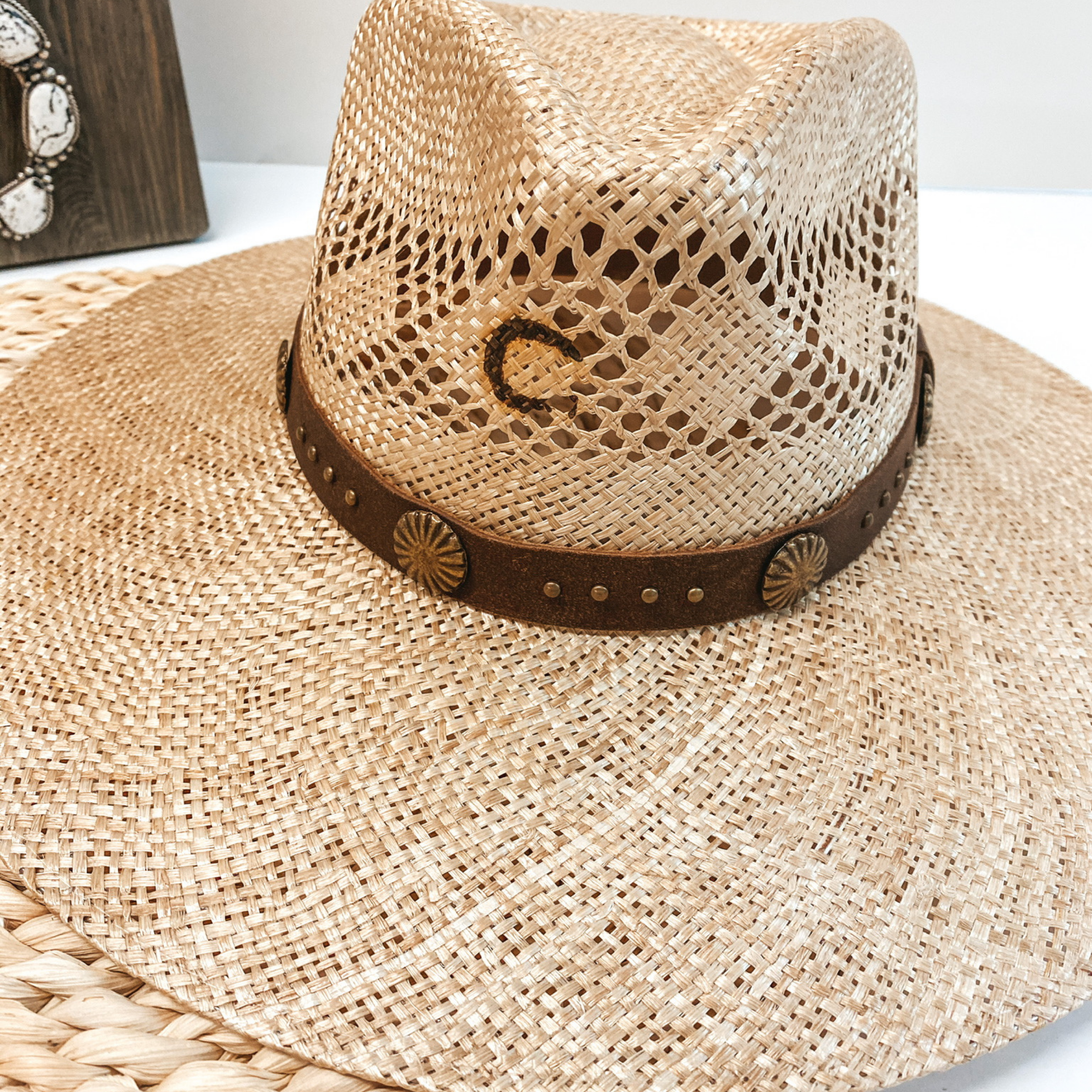 Charlie 1 Horse | Hair Trigger Straw Stiff Brim Hat with Brown Band and Conchos - Giddy Up Glamour Boutique