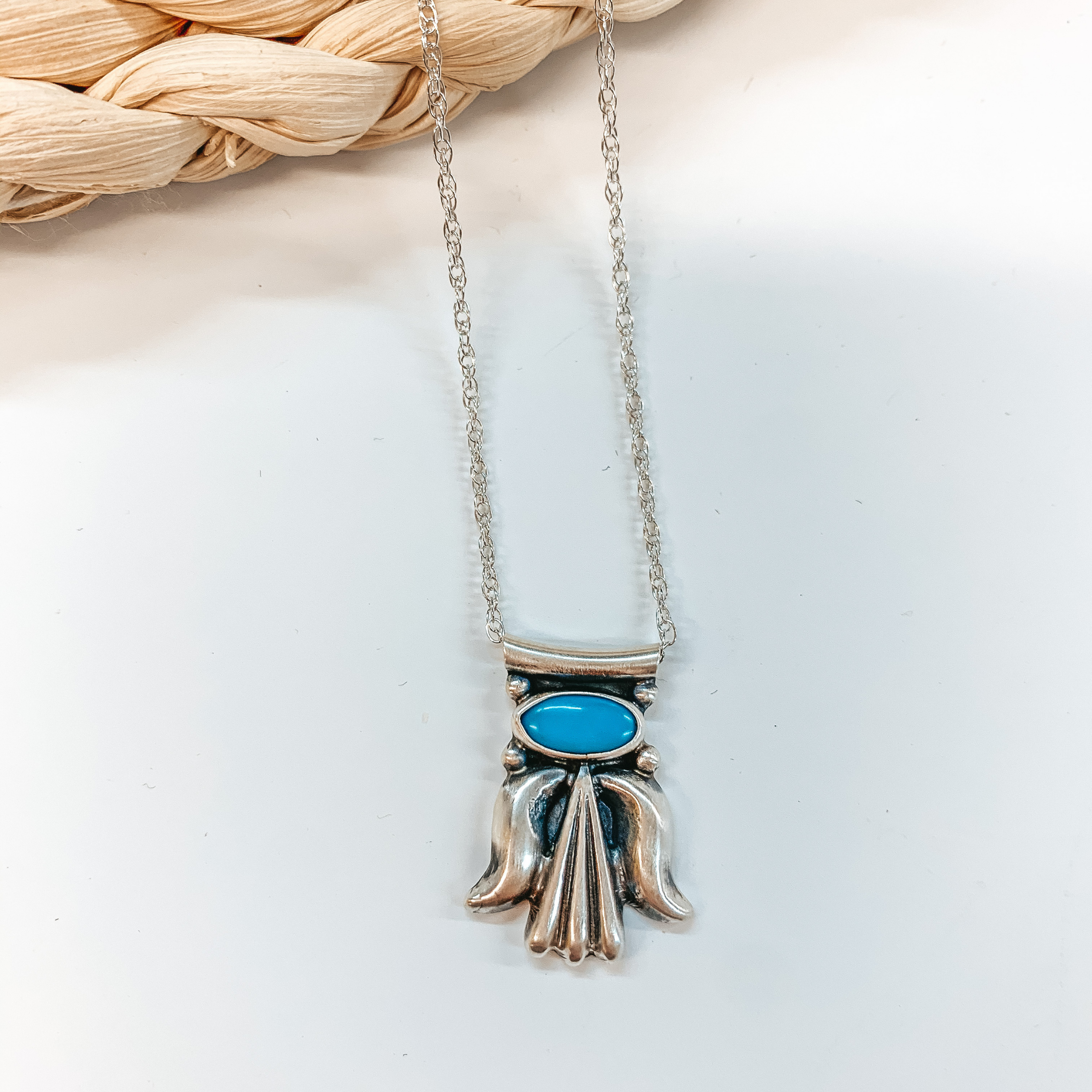 Lee Shorty | Navajo Handmade Genuine Sterling Silver and Kingman Turquoise Pendant Chain Necklace - Giddy Up Glamour Boutique