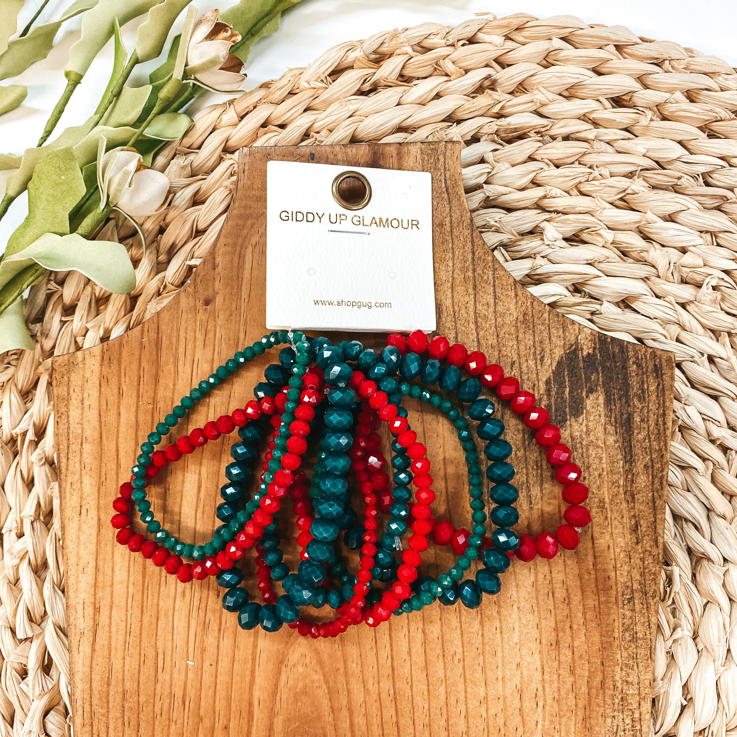 Nine Piece Crystal Bracelet Set in Green and Red - Giddy Up Glamour Boutique
