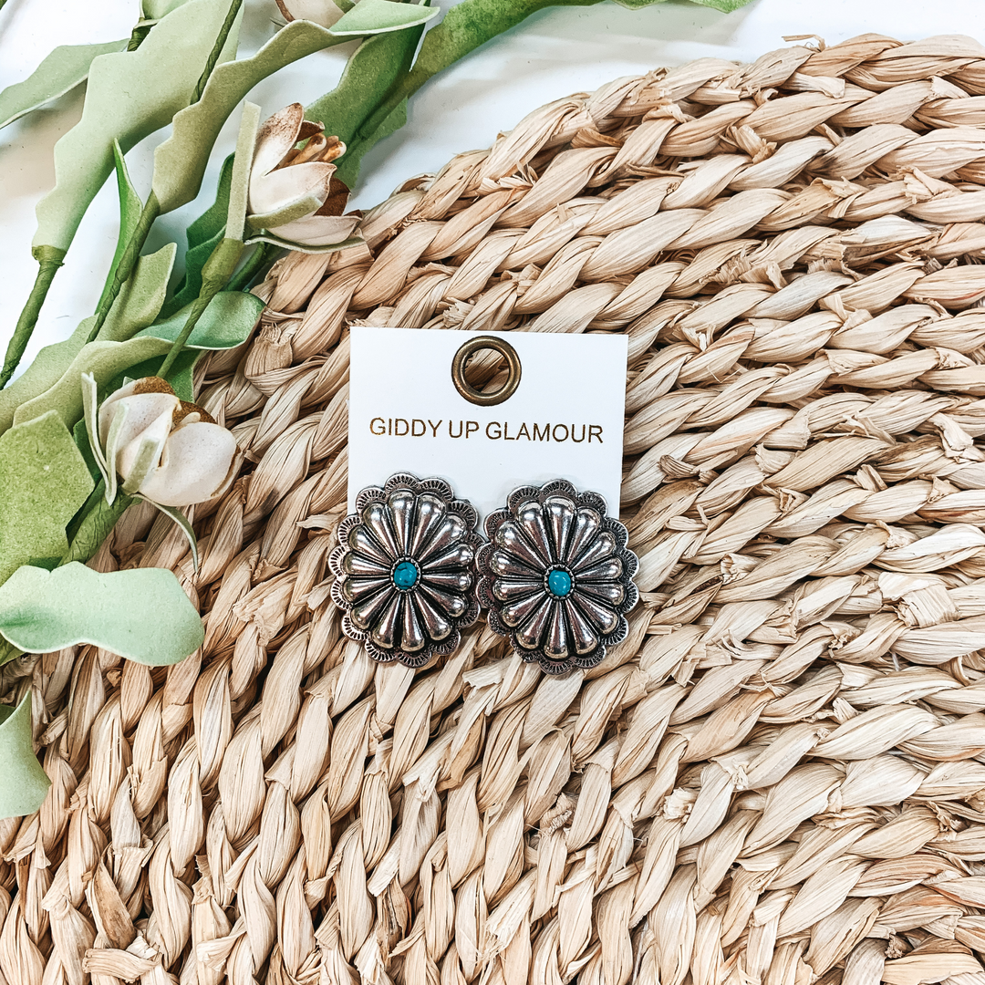 Concho Post Earrings with Turquoise Stone - Giddy Up Glamour Boutique