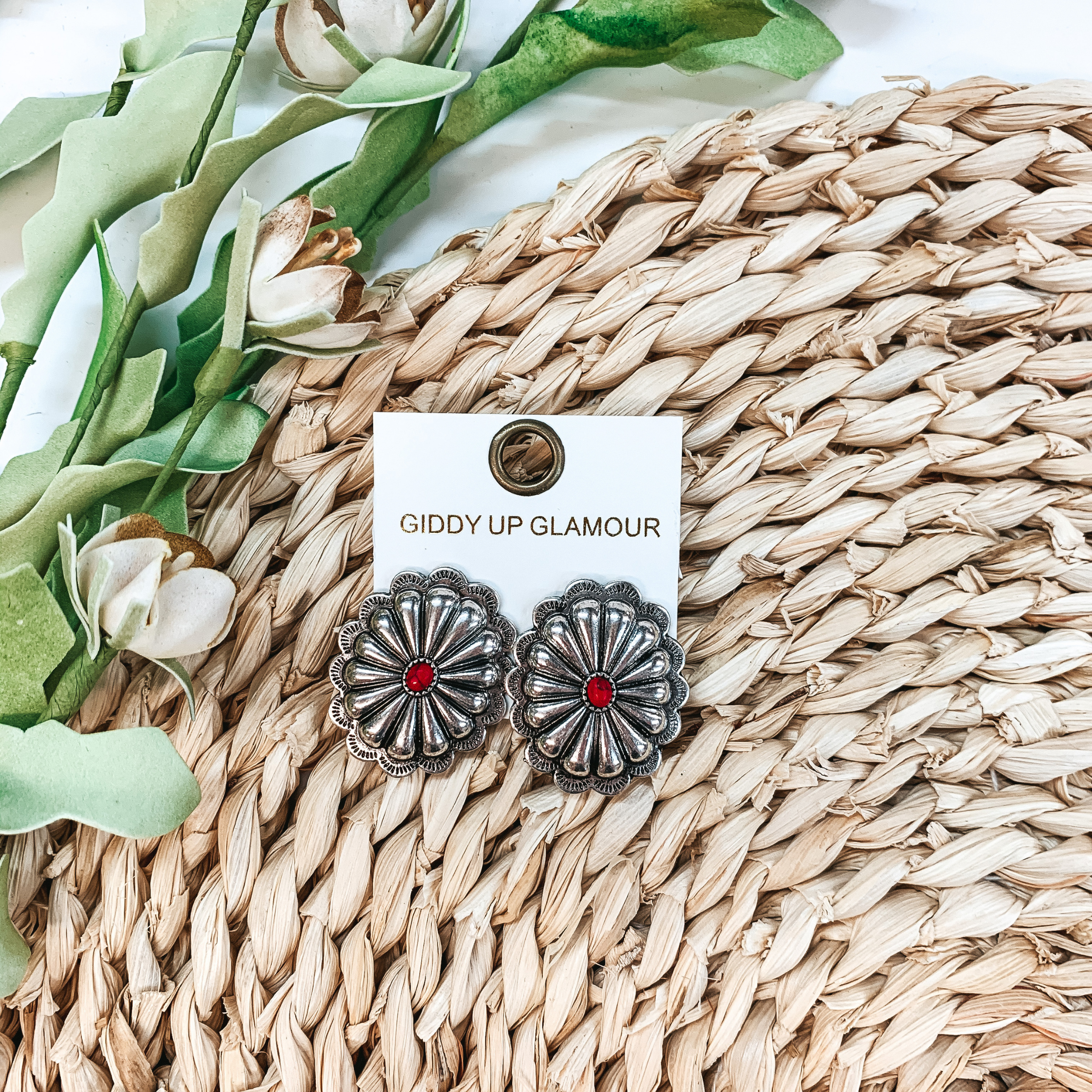Concho Post Earrings with Red Stone - Giddy Up Glamour Boutique