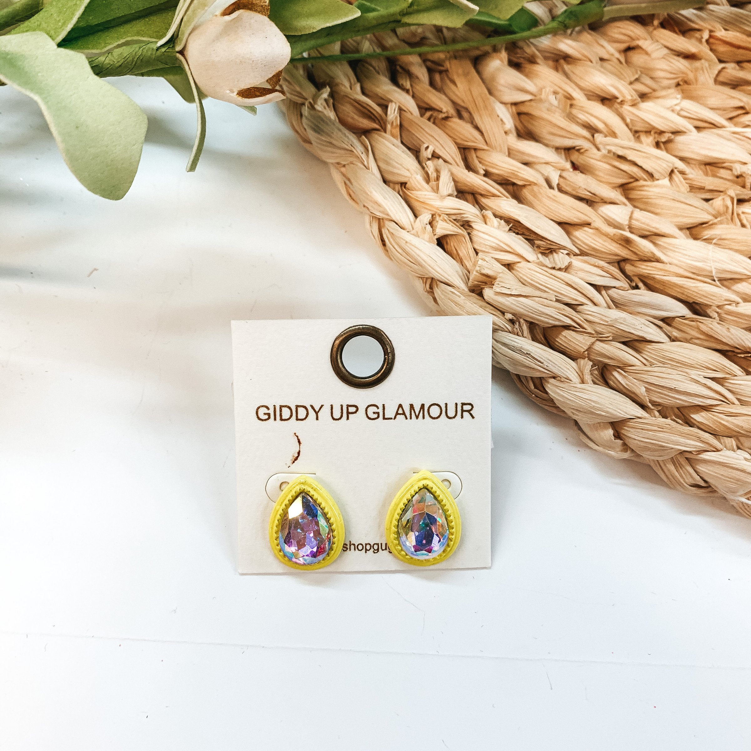 Teardrop Glass Stone Post Earrings with AB Crystal in Yellow - Giddy Up Glamour Boutique