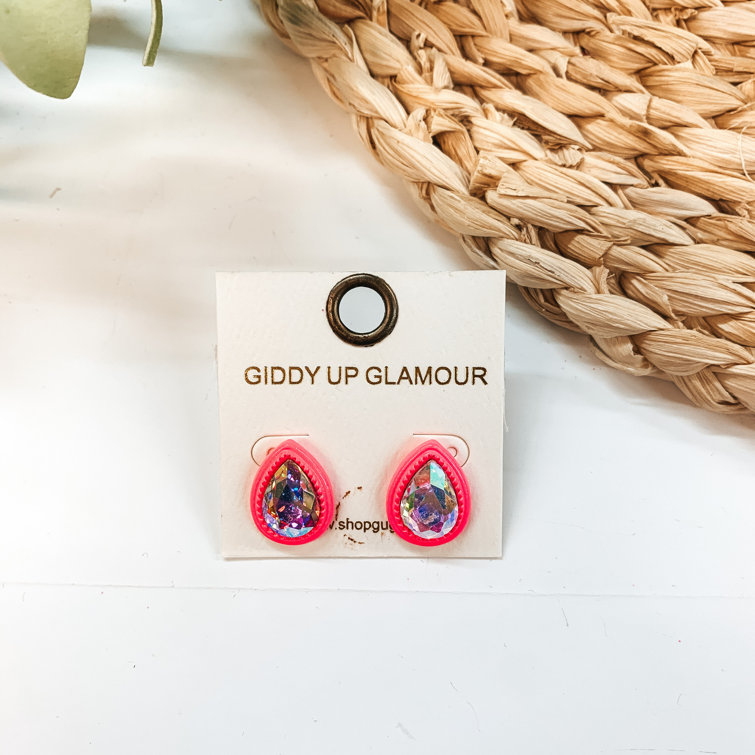 Teardrop Glass Stone Post Earrings with AB Crystal in Pink - Giddy Up Glamour Boutique