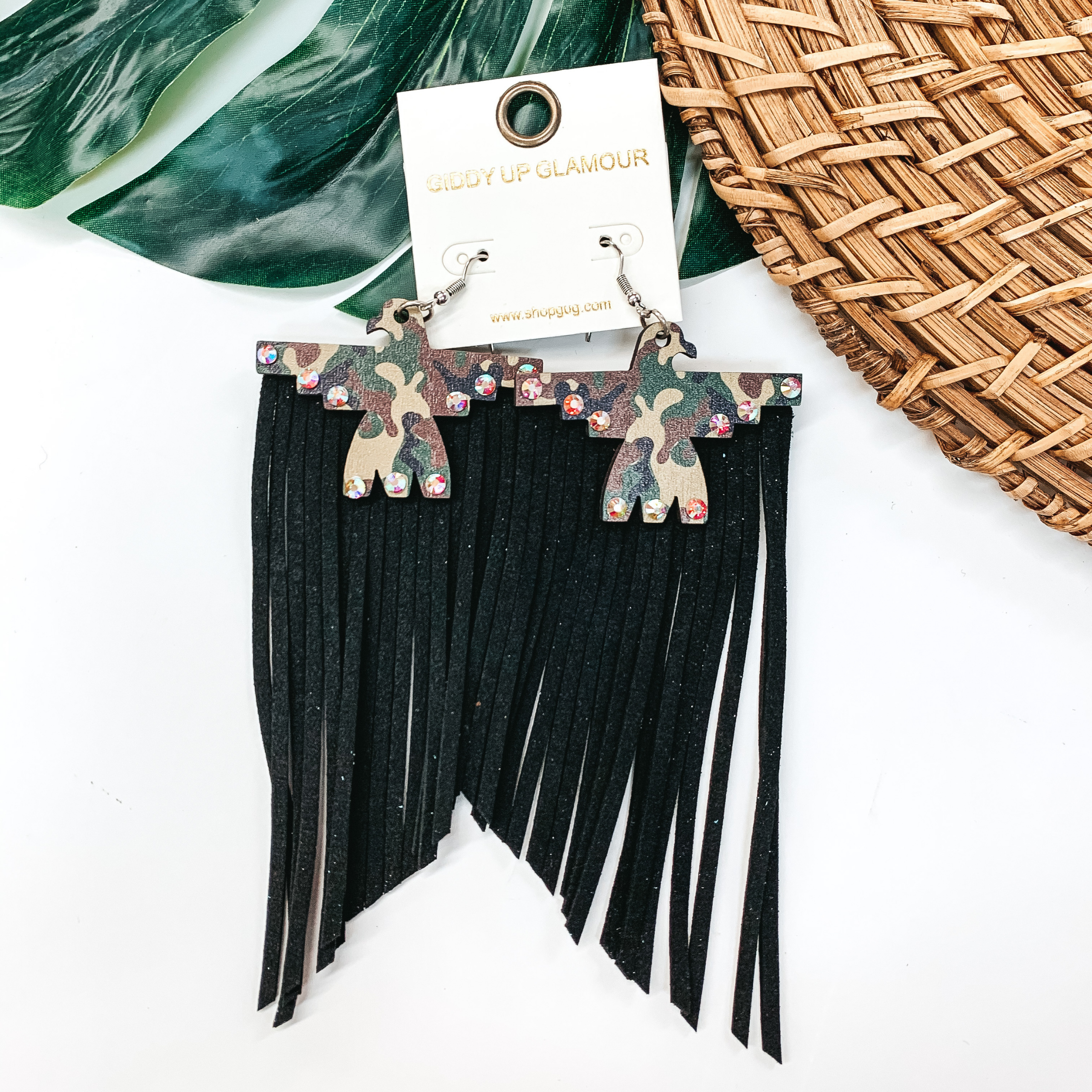 Camo Thunderbird Wood Earrings with Black Tassels - Giddy Up Glamour Boutique