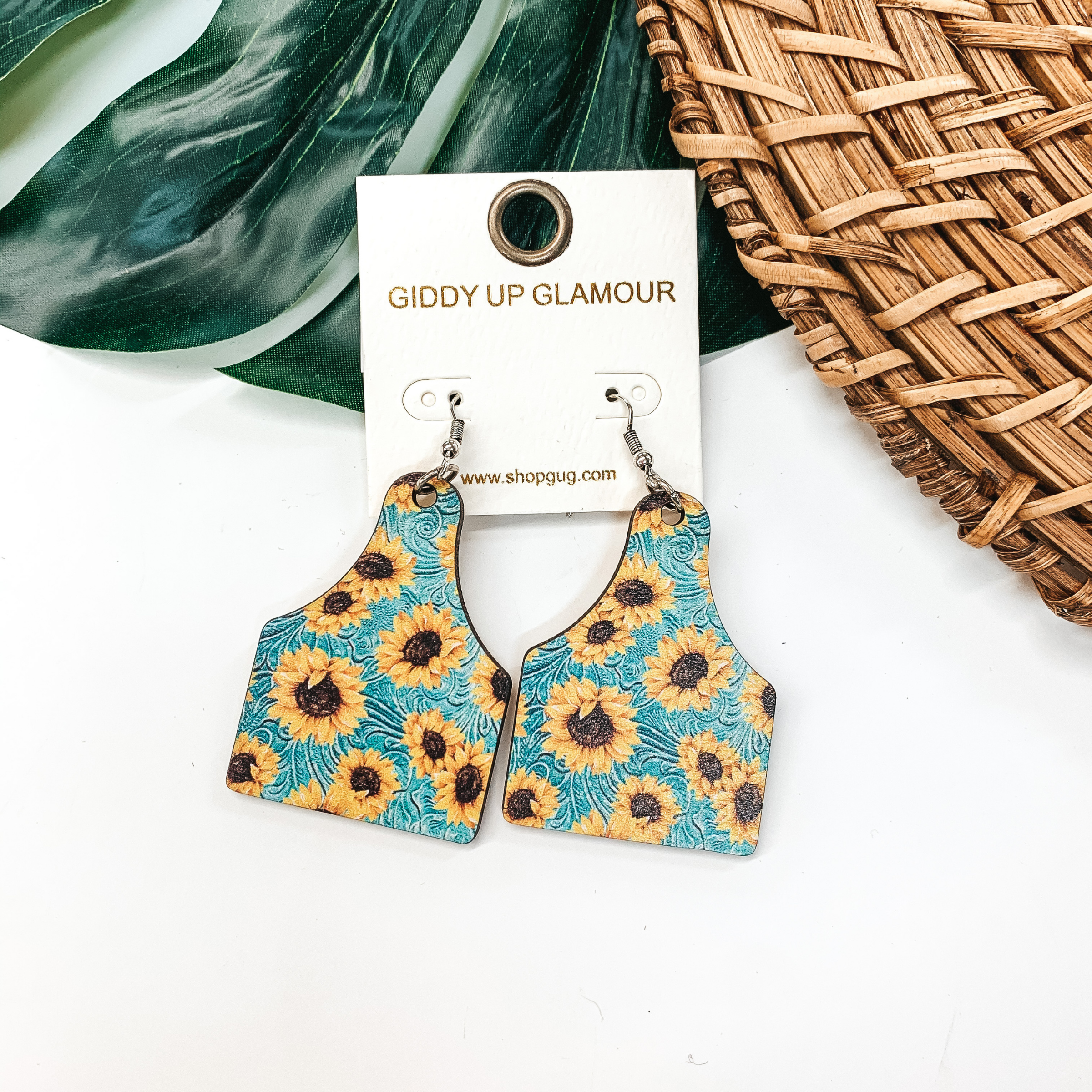Sunflower Wood Ear Tag Earrings in Turquoise