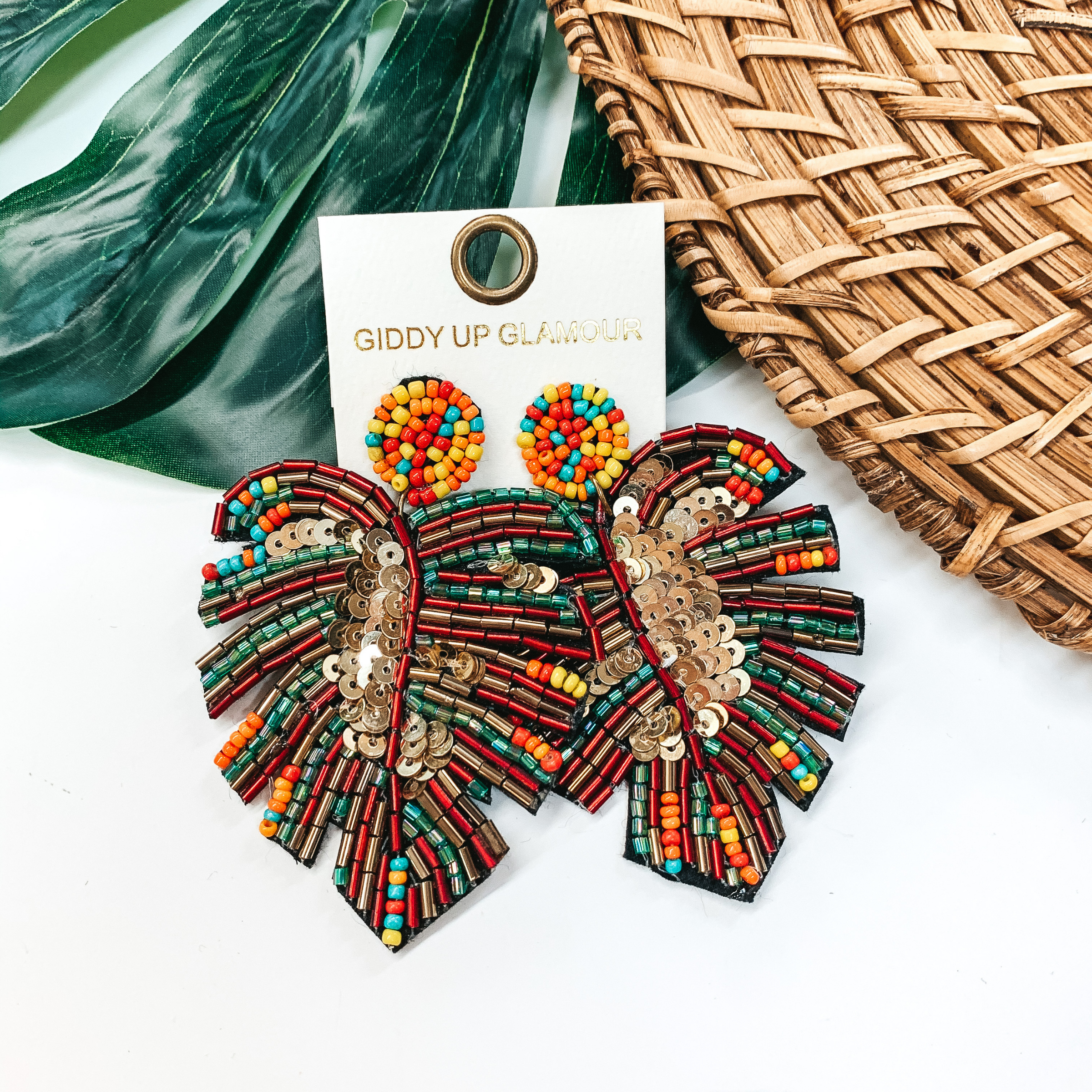 Beaded Palm Leaf Statement Earrings in Multi - Giddy Up Glamour Boutique