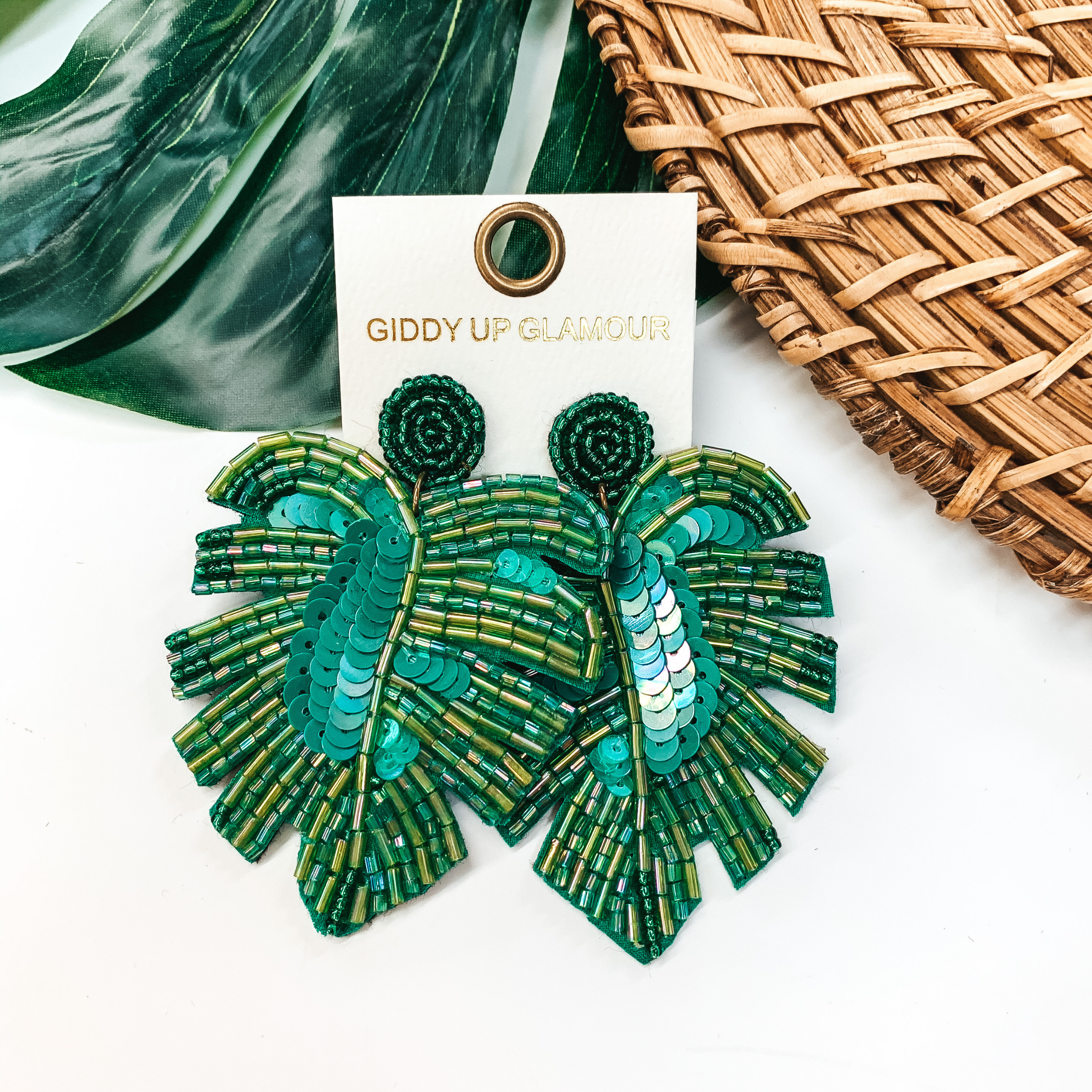 Beaded Palm Leaf Statement Earrings in Green - Giddy Up Glamour Boutique