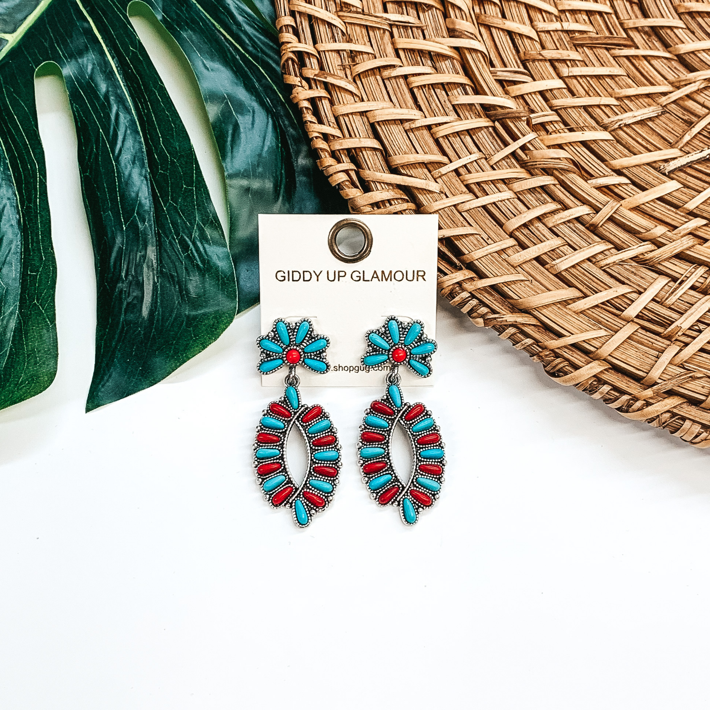 Western Oval Outline Cluster Drop Earrings in Turquoise/Red - Giddy Up Glamour Boutique