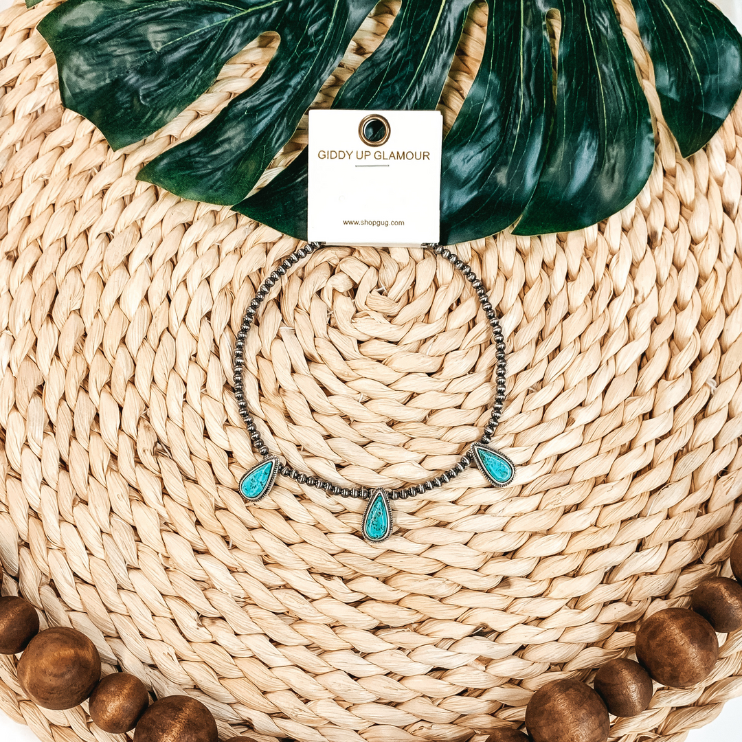 Navajo Inspired Choker with Three Teardrop Stones in Turquoise - Giddy Up Glamour Boutique