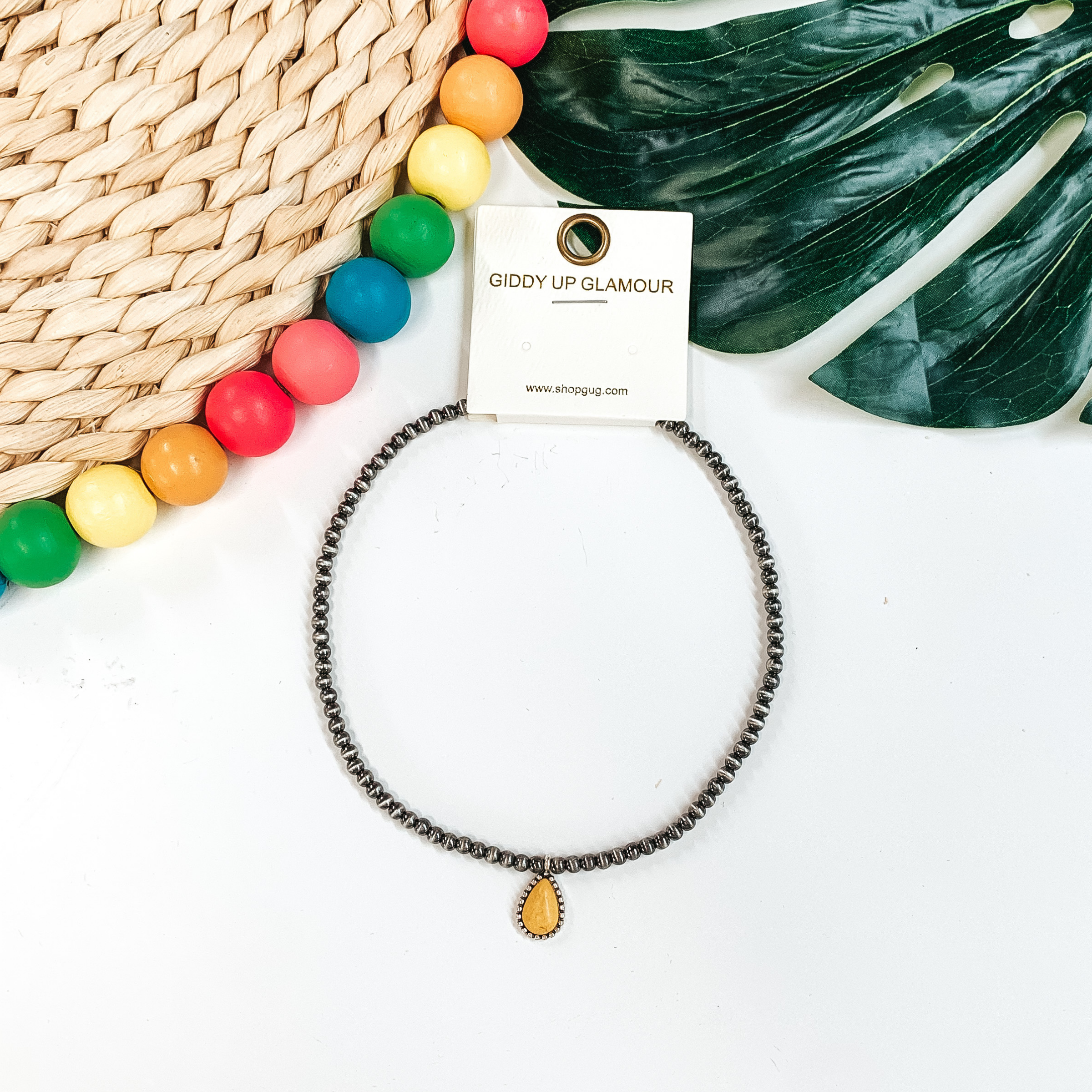 Navajo Inspired Choker with a Single Teardrop Stone in Yellow - Giddy Up Glamour Boutique
