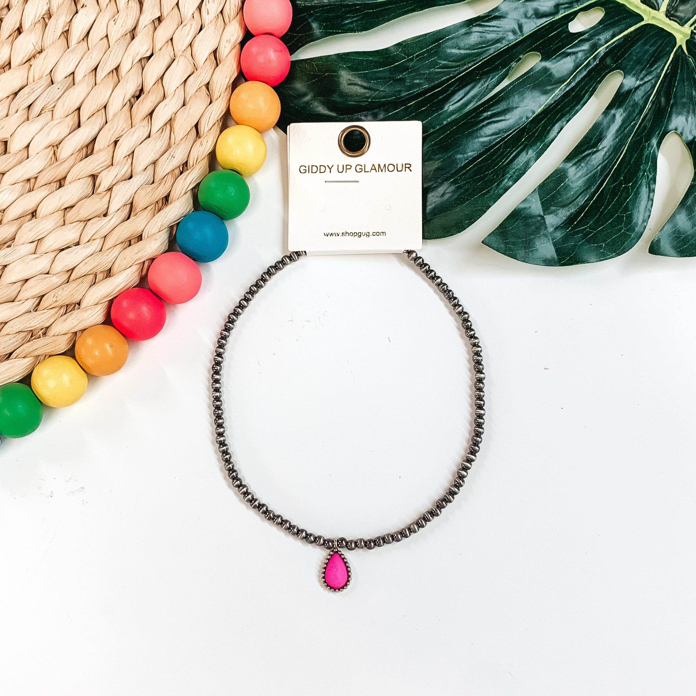 Navajo Inspired Choker with a Single Teardrop Stone in Pink - Giddy Up Glamour Boutique