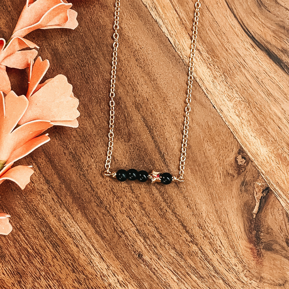 Pearl Bar Necklace with Star Bead in Gold/Black - Giddy Up Glamour Boutique