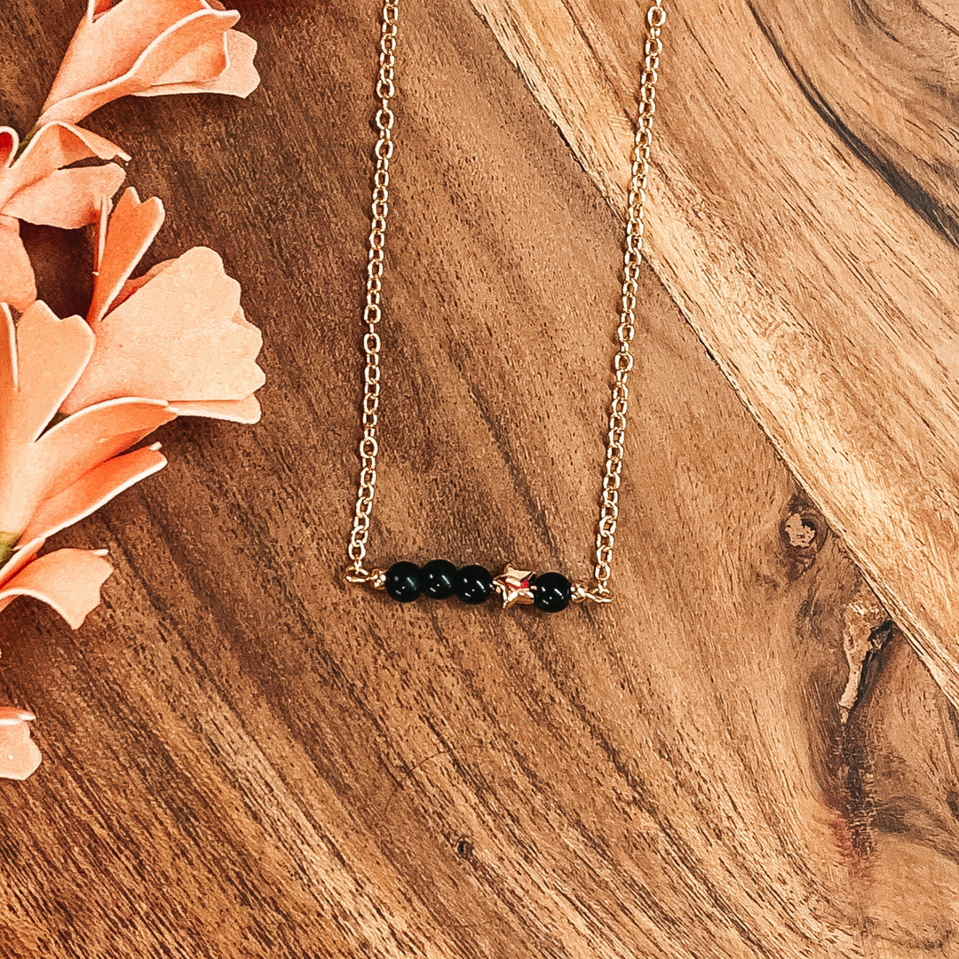 Pearl Bar Necklace with Star Bead in Gold/Black - Giddy Up Glamour Boutique
