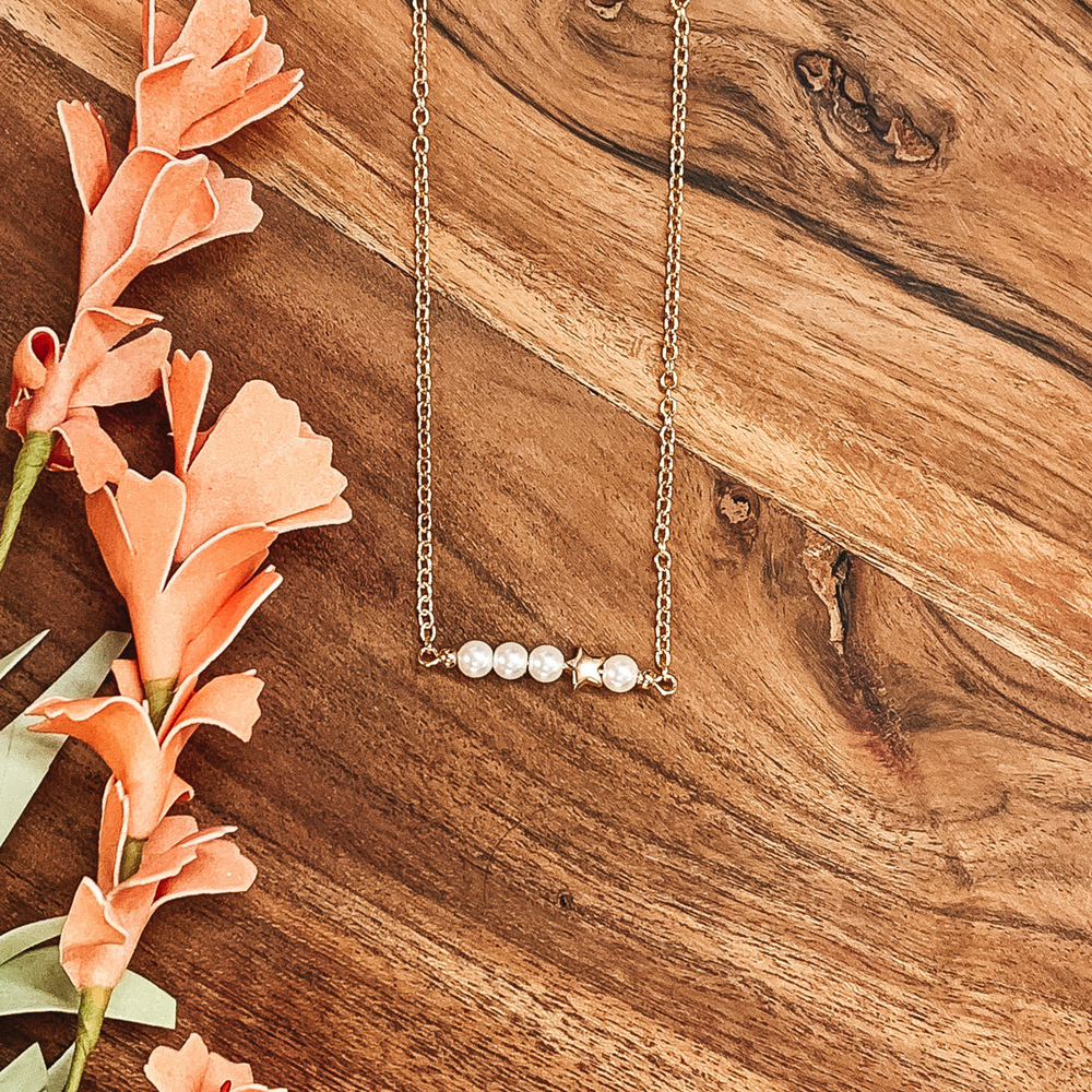 Pearl Bar Necklace with Star Bead in Gold/White - Giddy Up Glamour Boutique