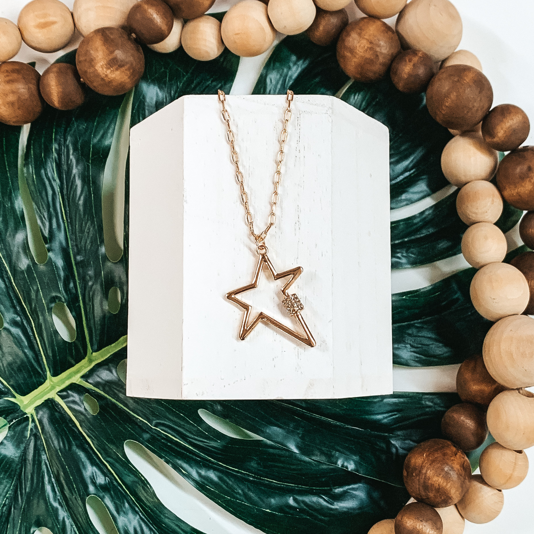 Star Outline Necklace with Crystal Accent in Gold - Giddy Up Glamour Boutique