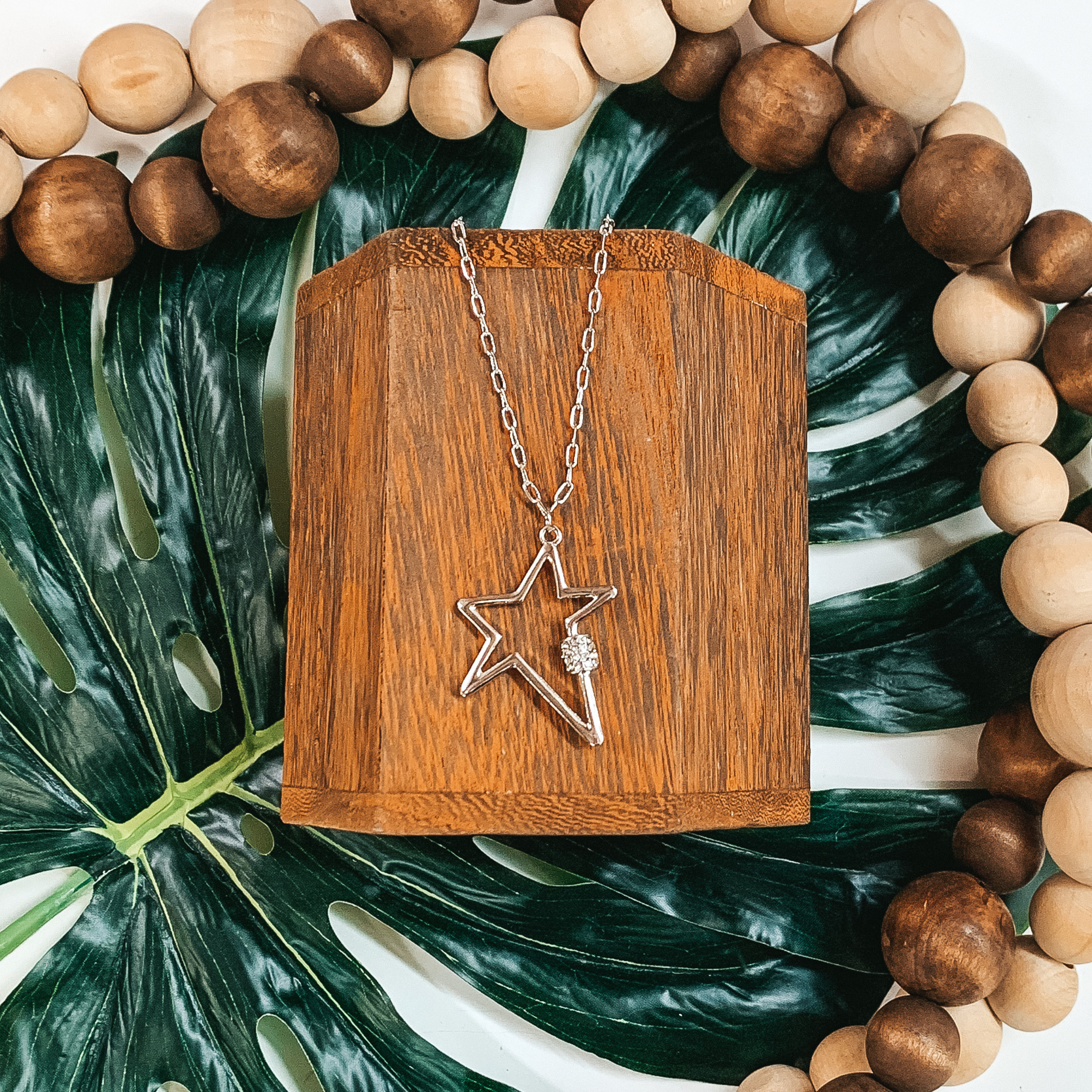 Star Outline Necklace with Crystal Accent in Silver - Giddy Up Glamour Boutique
