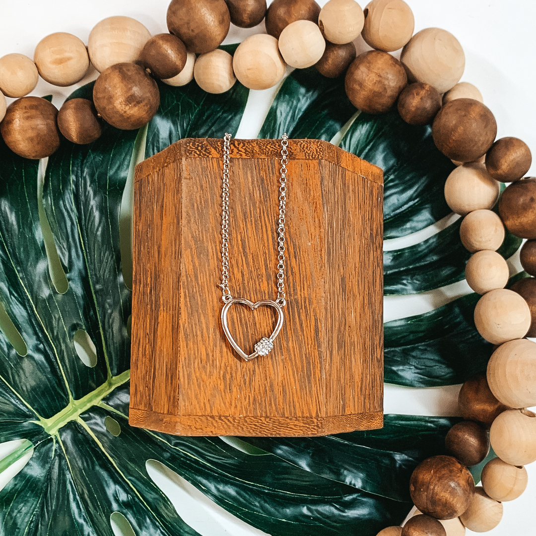 Heart Outline Necklace with Crystal Accent in Silver Tone - Giddy Up Glamour Boutique