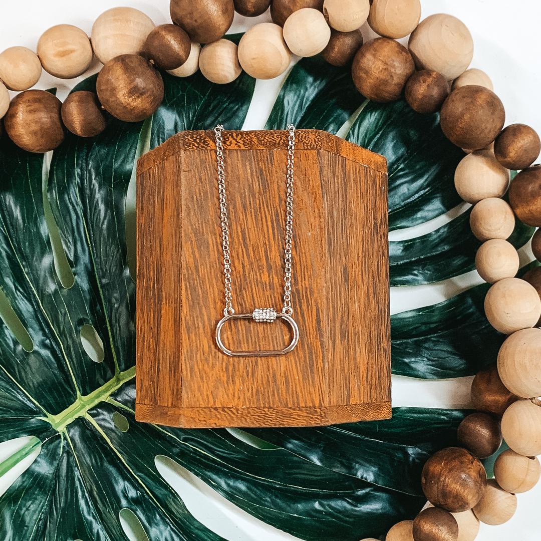 Oval Outline Necklace with Crystal Accent in Silver Tone - Giddy Up Glamour Boutique