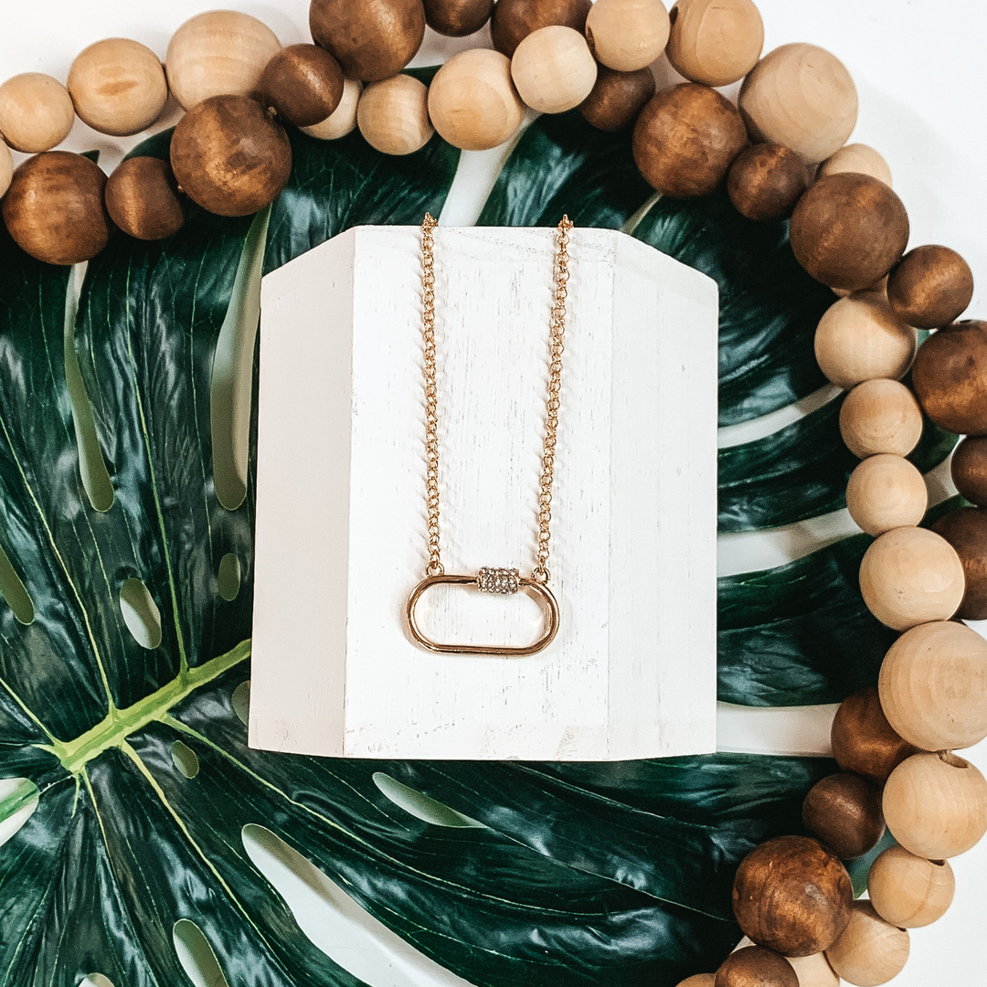 Oval Outline Necklace with Crystal Accent in Gold Tone - Giddy Up Glamour Boutique