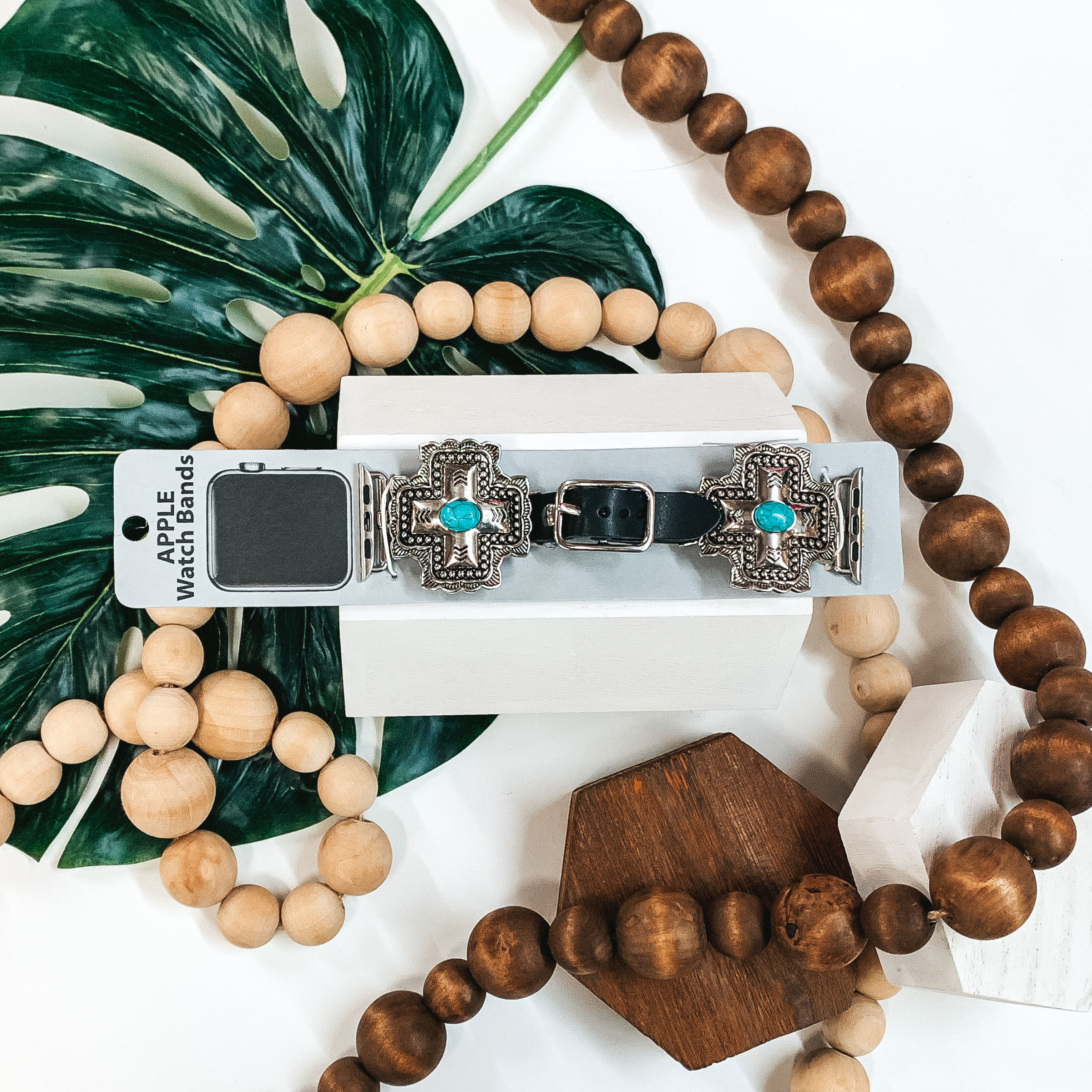 Turquoise and Silver Cross Apple Watch Band with Black Strap