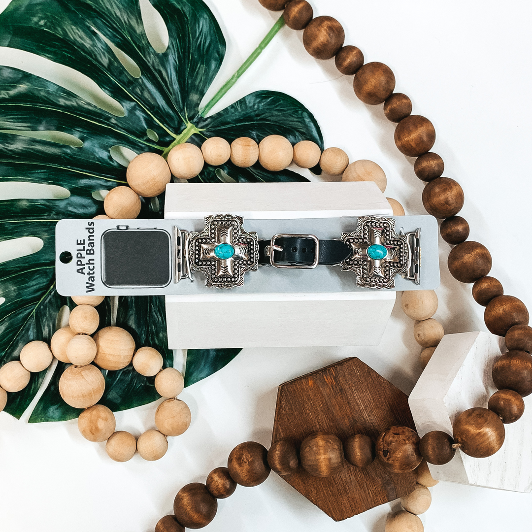 Turquoise and Silver Cross Apple Watch Band with Black Strap - Giddy Up Glamour Boutique