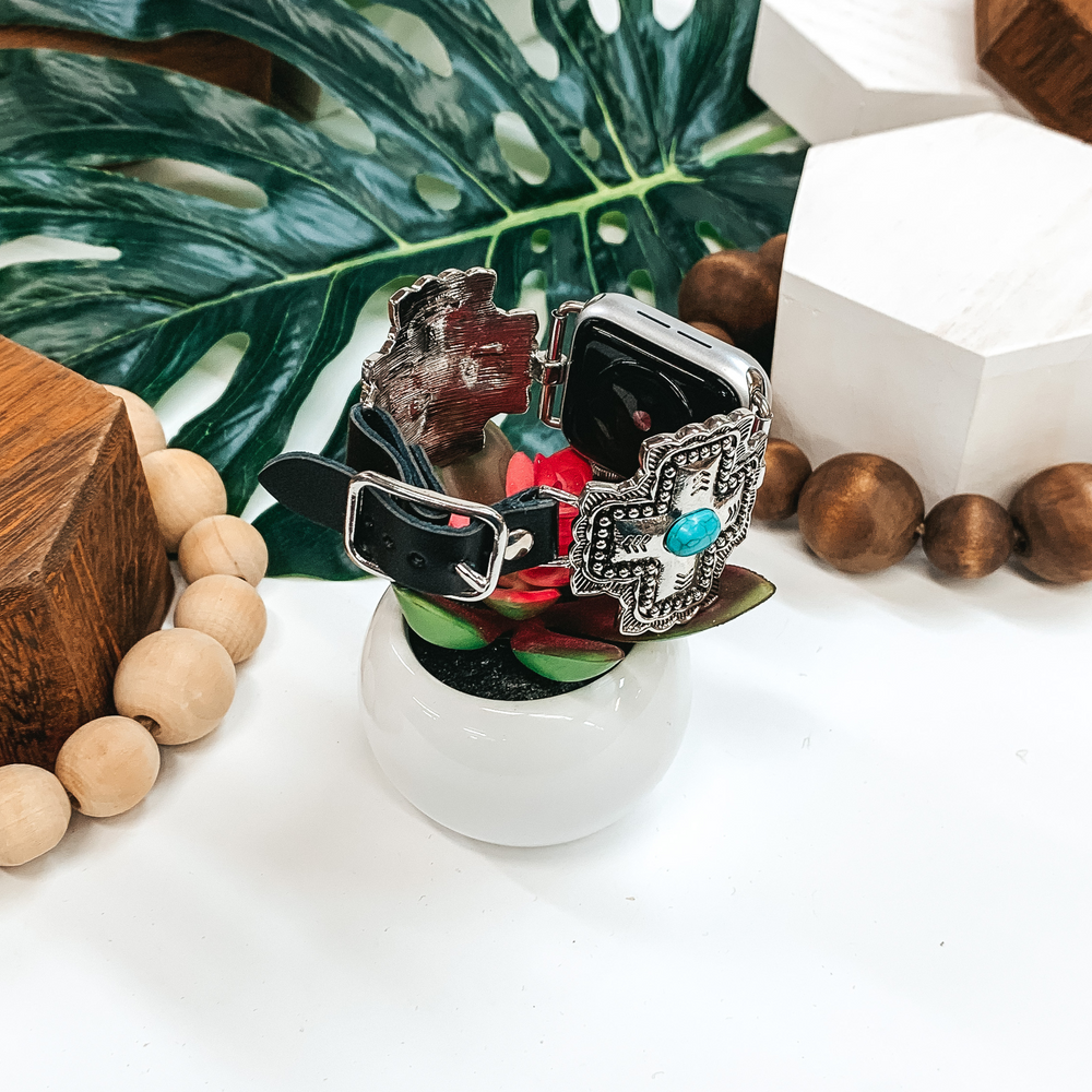 Turquoise and Silver Cross Apple Watch Band with Black Strap - Giddy Up Glamour Boutique
