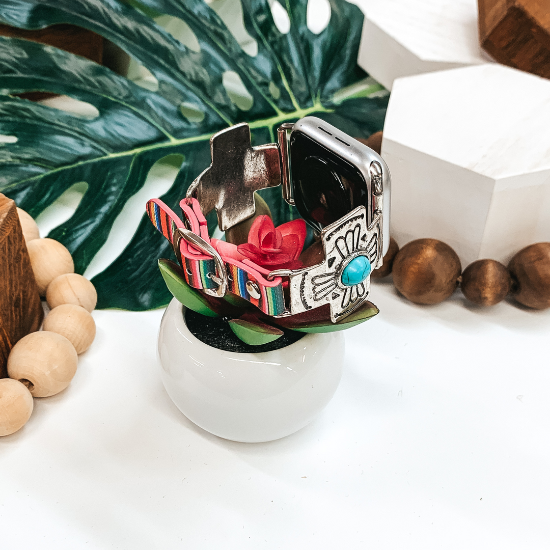 Silver Cross with Turquoise Stone Apple Watch Band in Serape - Giddy Up Glamour Boutique