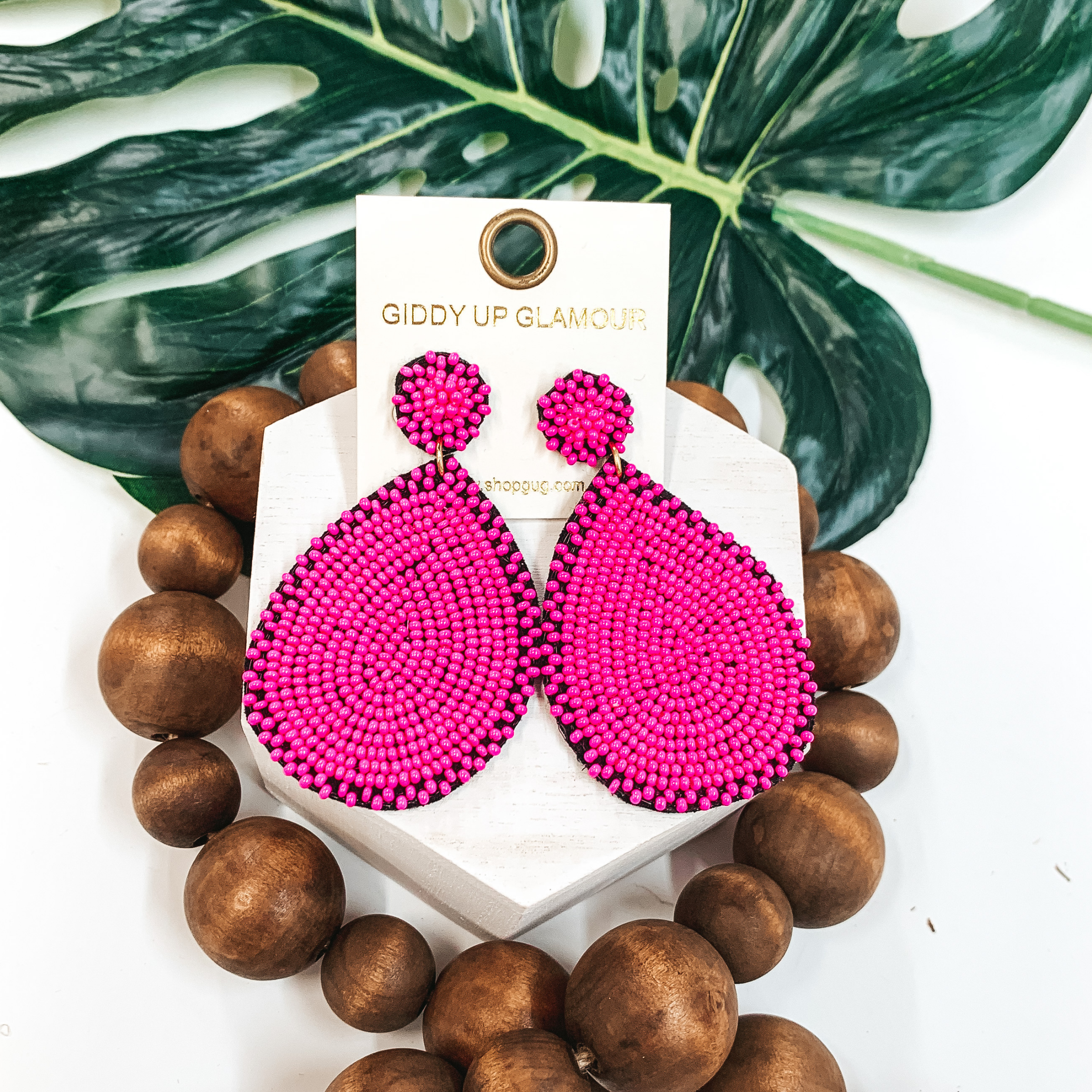 Crystal Beaded Circle Post Earrings with Large Teardrop Dangle in Fuchsia - Giddy Up Glamour Boutique