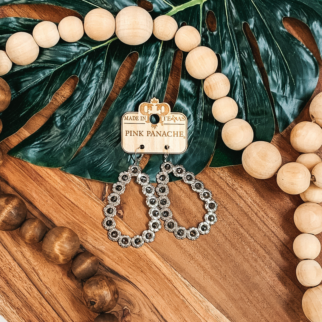 Pink Panache | Silver Open Teardrop Earrings with Black Crystals - Giddy Up Glamour Boutique