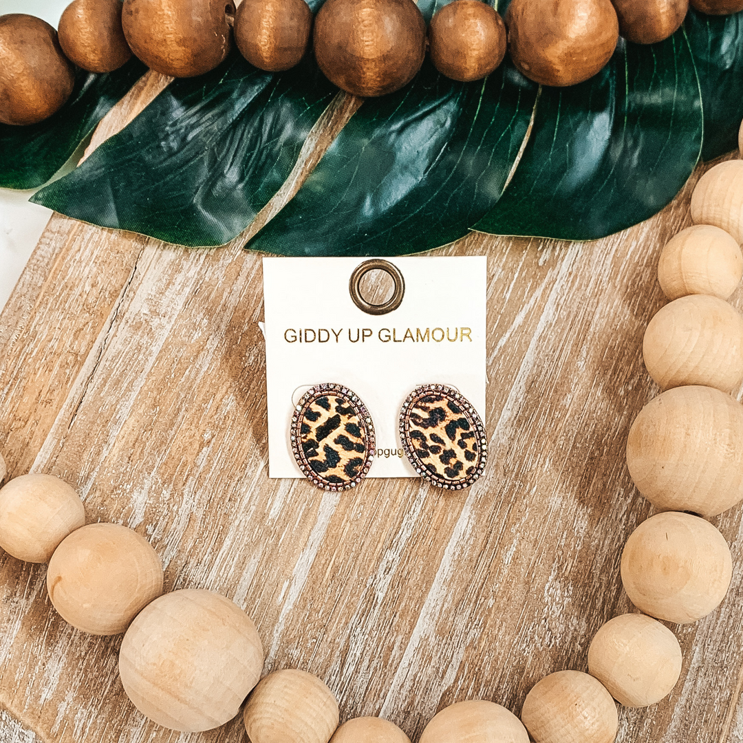 Oval Leopard Print Studs in Copper with AB Crystals - Giddy Up Glamour Boutique
