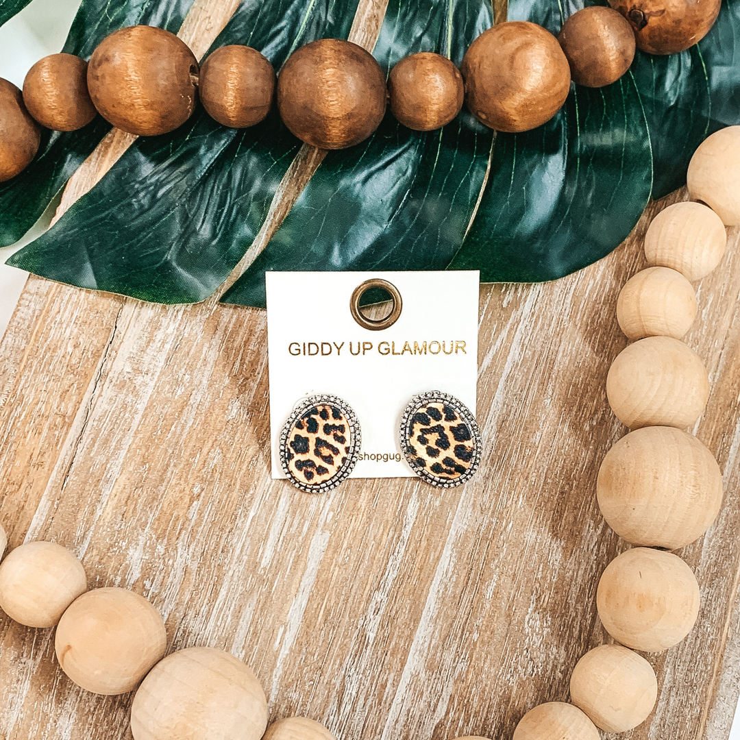 Oval Leopard Print Studs in Silver with Clear Crystals - Giddy Up Glamour Boutique