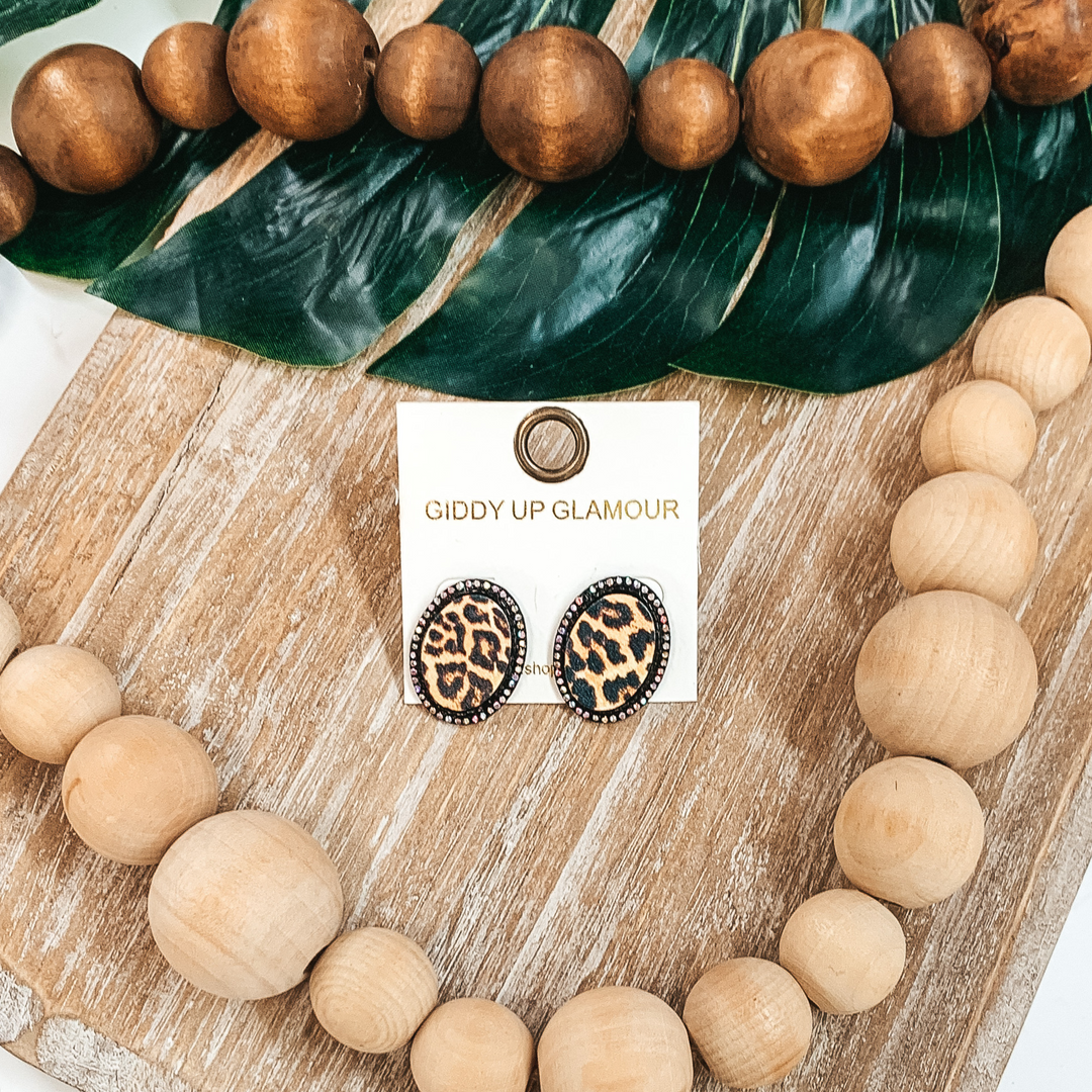 Oval Leopard Print Studs in Black with AB Crystals - Giddy Up Glamour Boutique