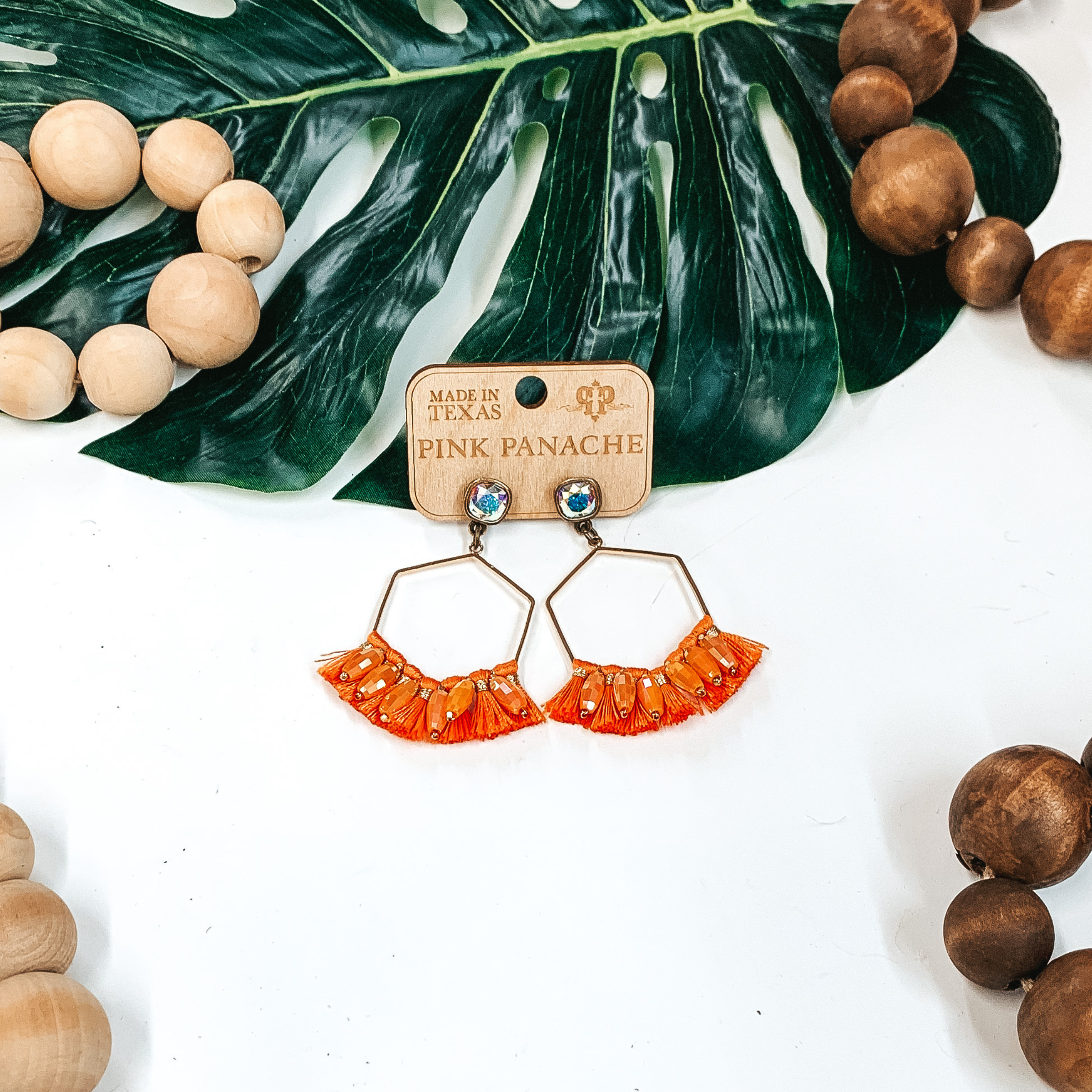 Pink Panache | Hexagon Wire Earrings with Fringe Detailing and Clear Cushion Cut Crystal in Gold and Orange - Giddy Up Glamour Boutique